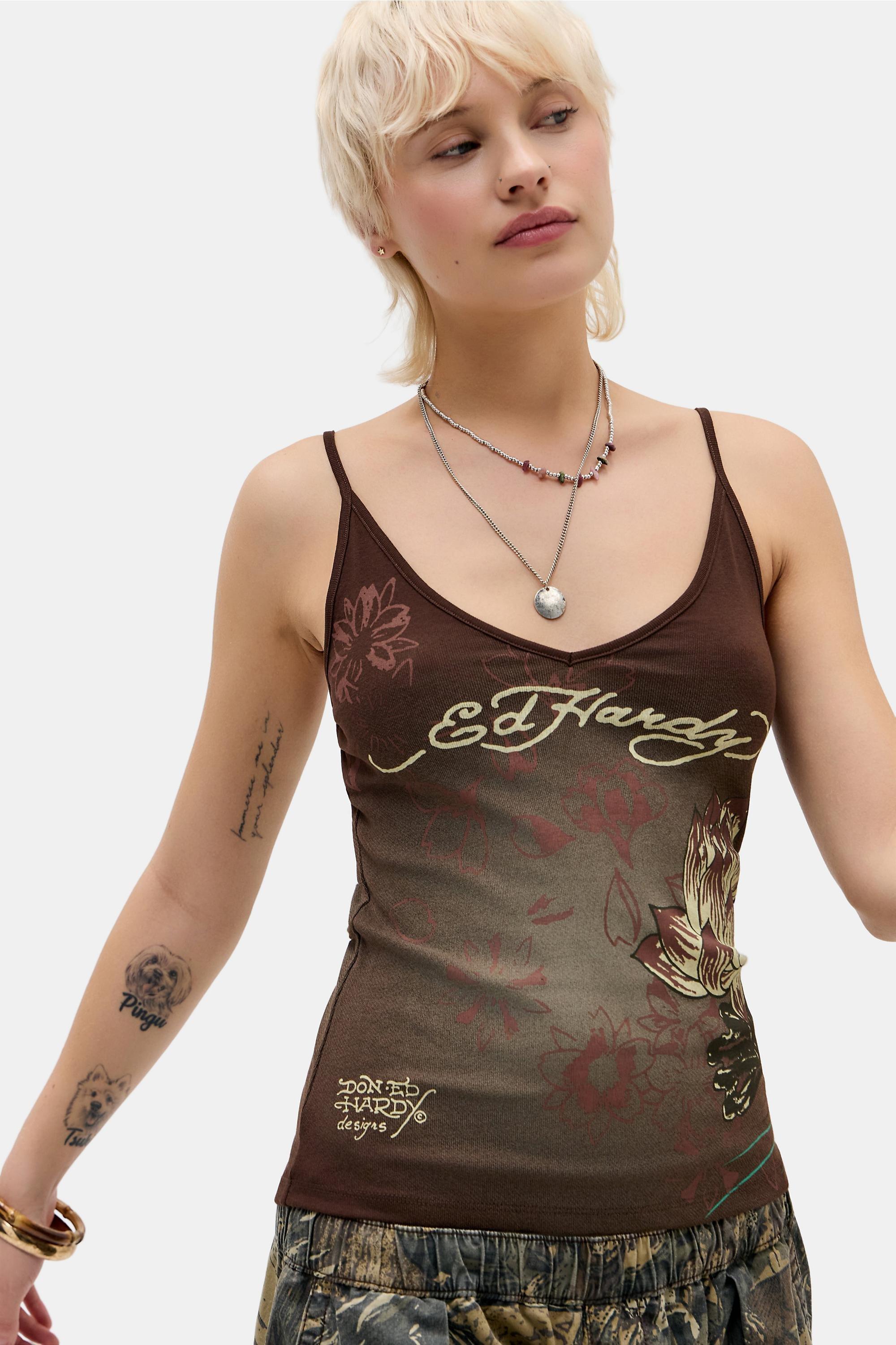 UO Ed Hardy Lotus Tank Top, BRN, large image number 0
