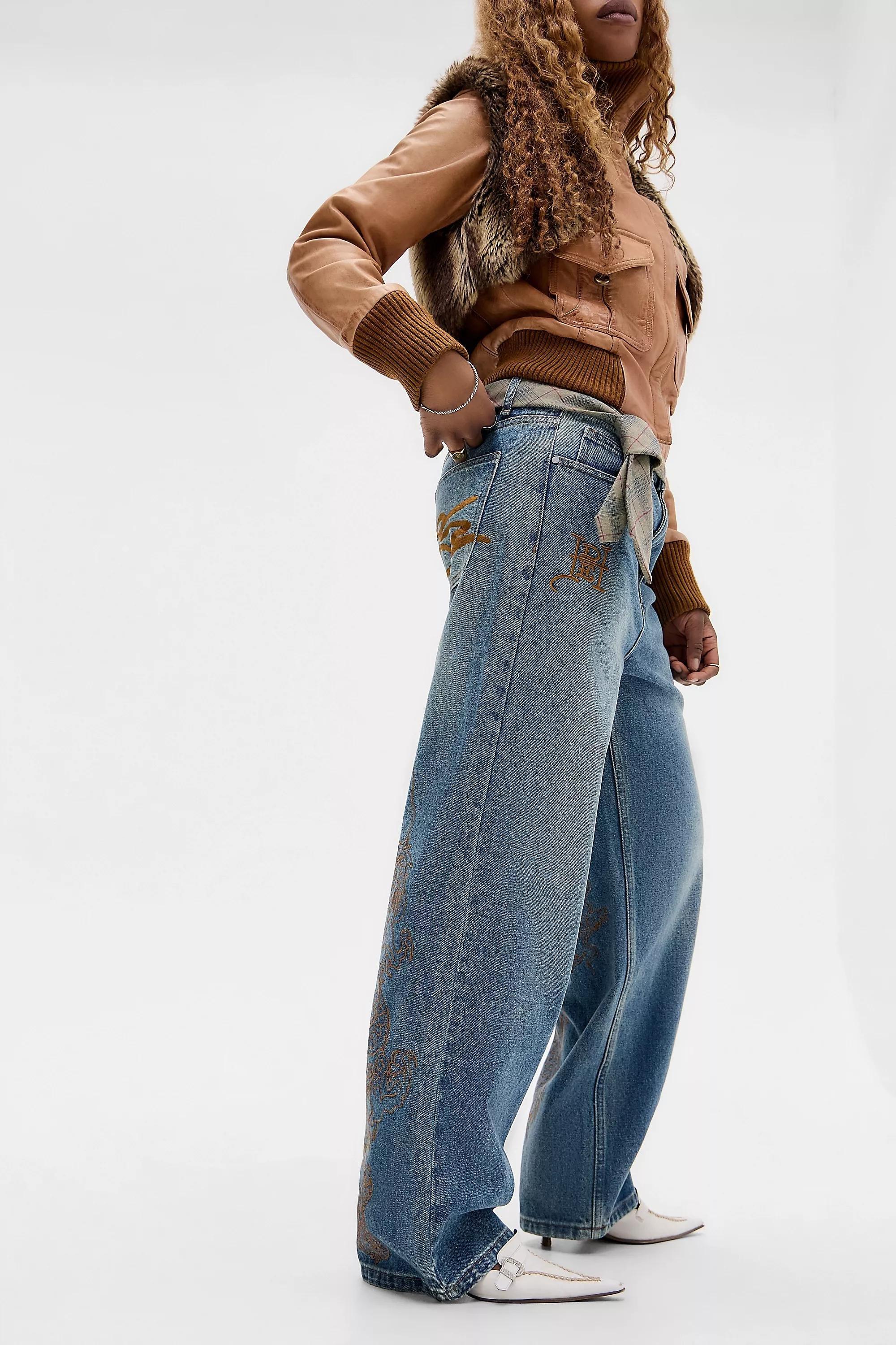 Blue Ed Hardy Uo Exclusive Tobacco Embroidered Jeans, DENIM MEDIUM BLUE, large image number 5