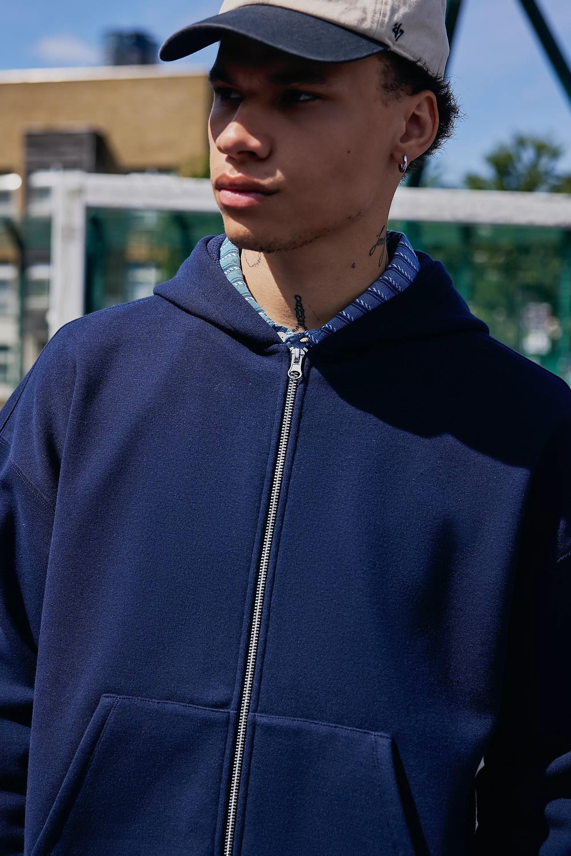 Navy Loom Borg-Lined Zip-Up Hoodie, NAVY, medium