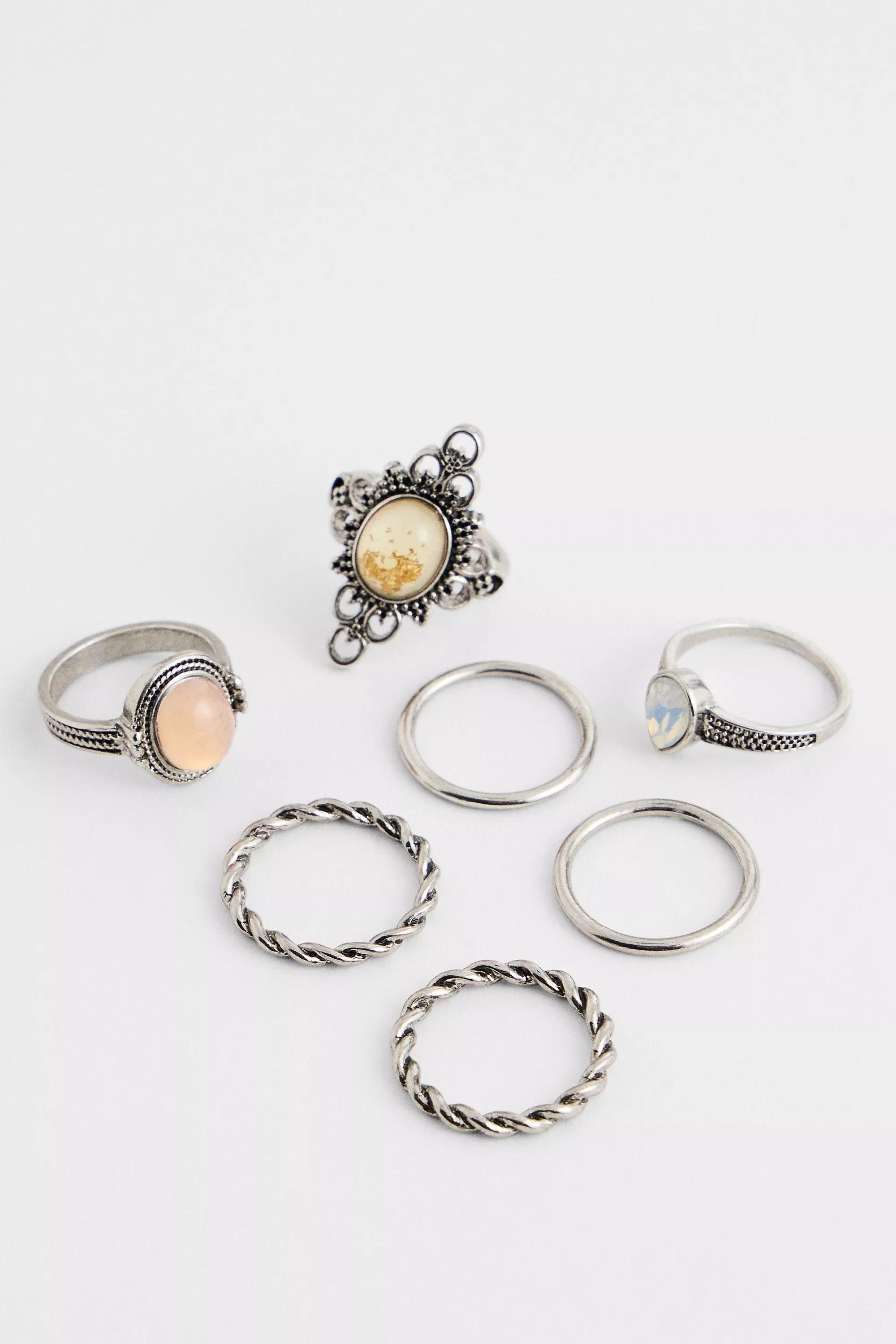 Silver Silence + Noise Ornate Gem Rings 7-Pack, , large image number 0