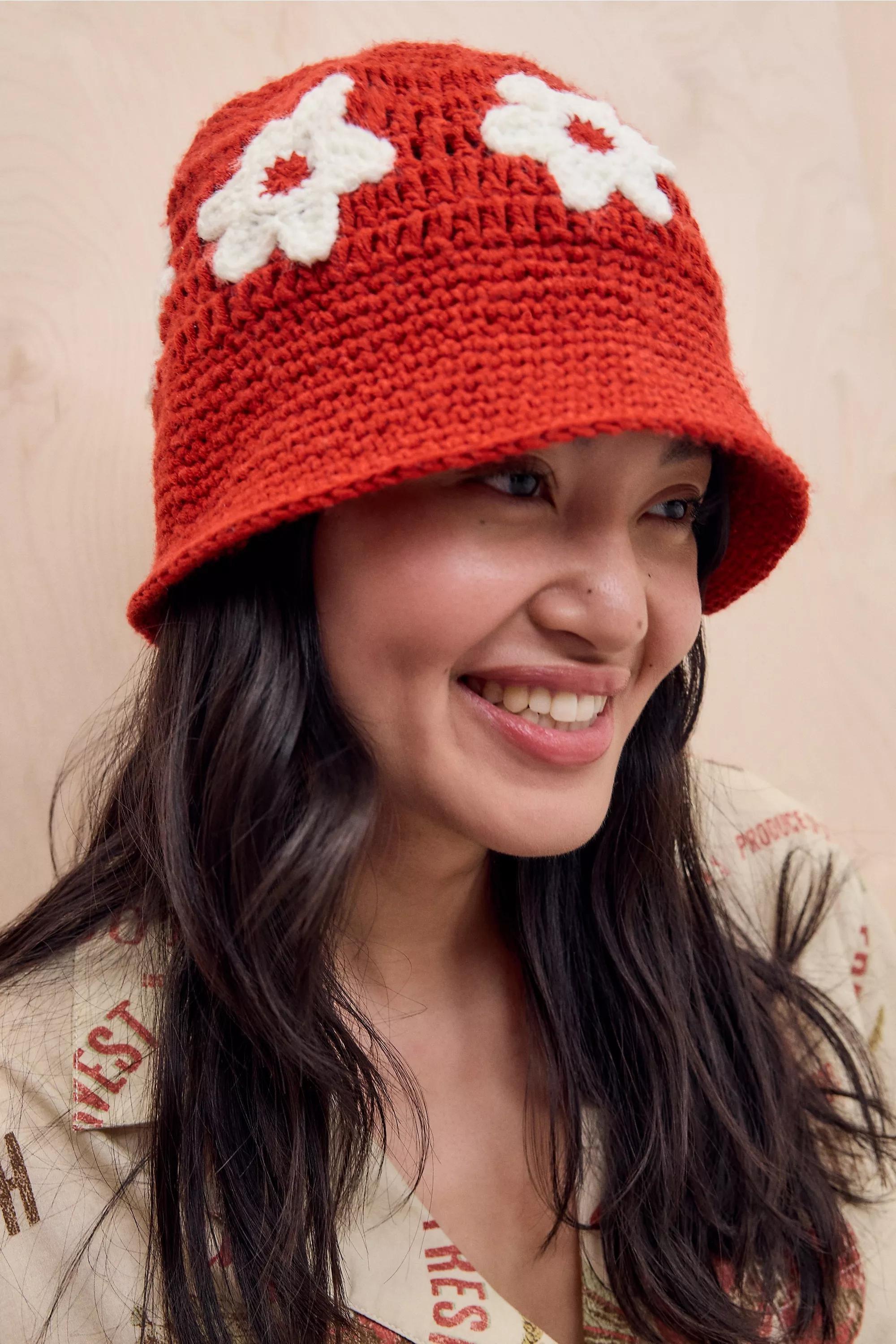 Red UO Flower Knitted Bucket Hat, RED, large image number 0