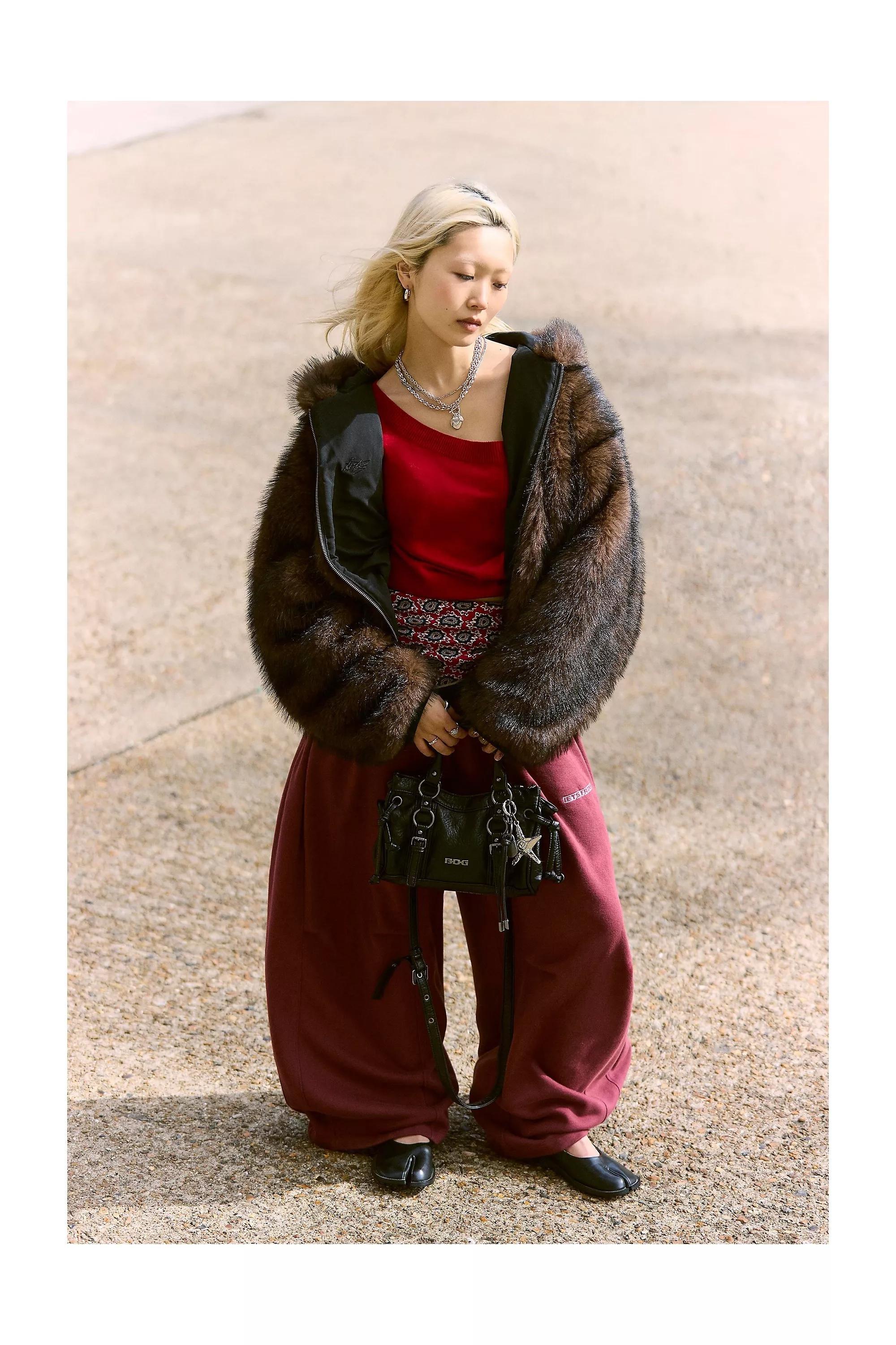 Brown Bdg Reversible Faux Fur Bomber Jacket, BRN, large image number 1