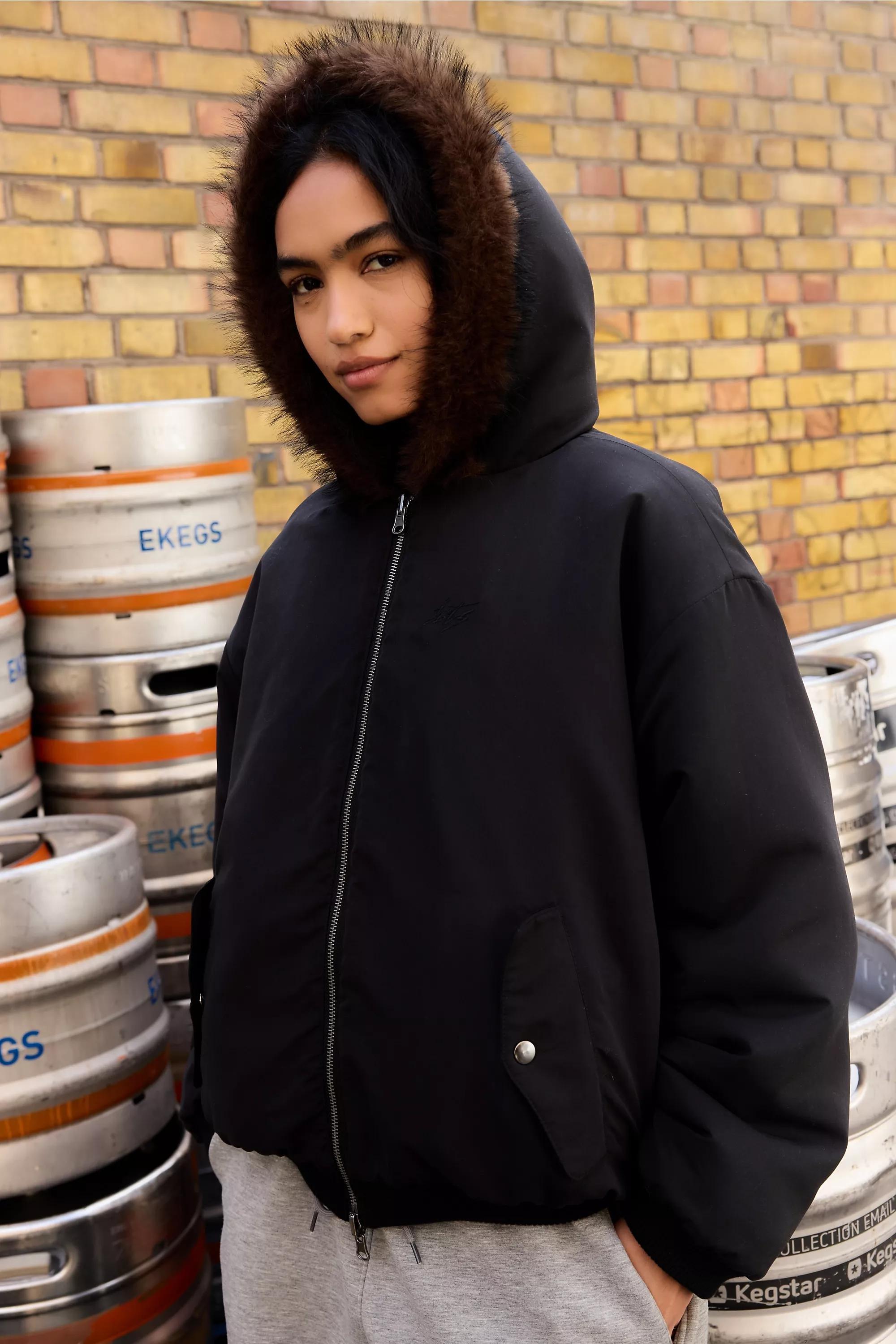 Brown Bdg Reversible Faux Fur Bomber Jacket, BRN, large image number 2