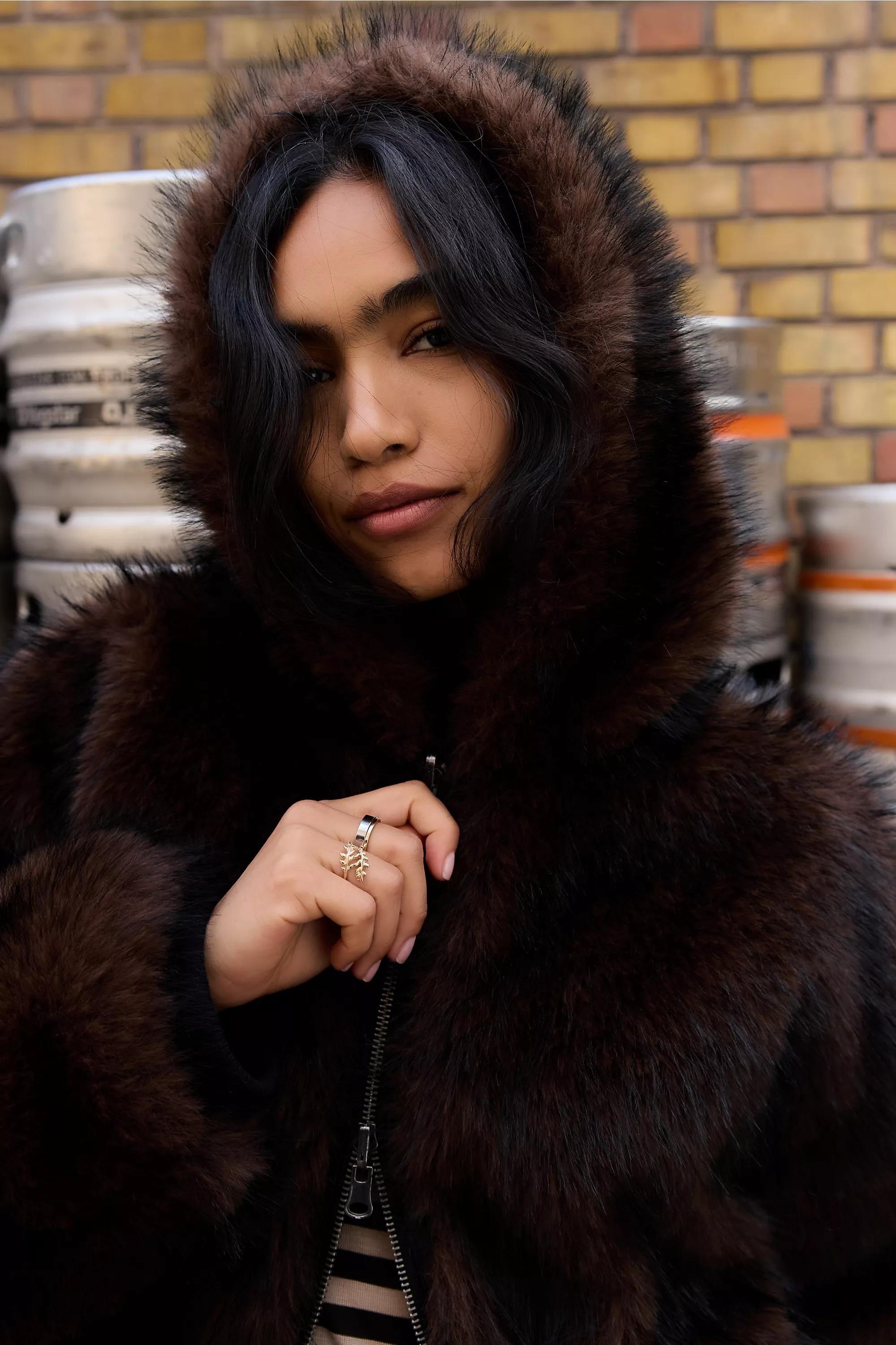 Brown Bdg Reversible Faux Fur Bomber Jacket, BRN, large image number 3