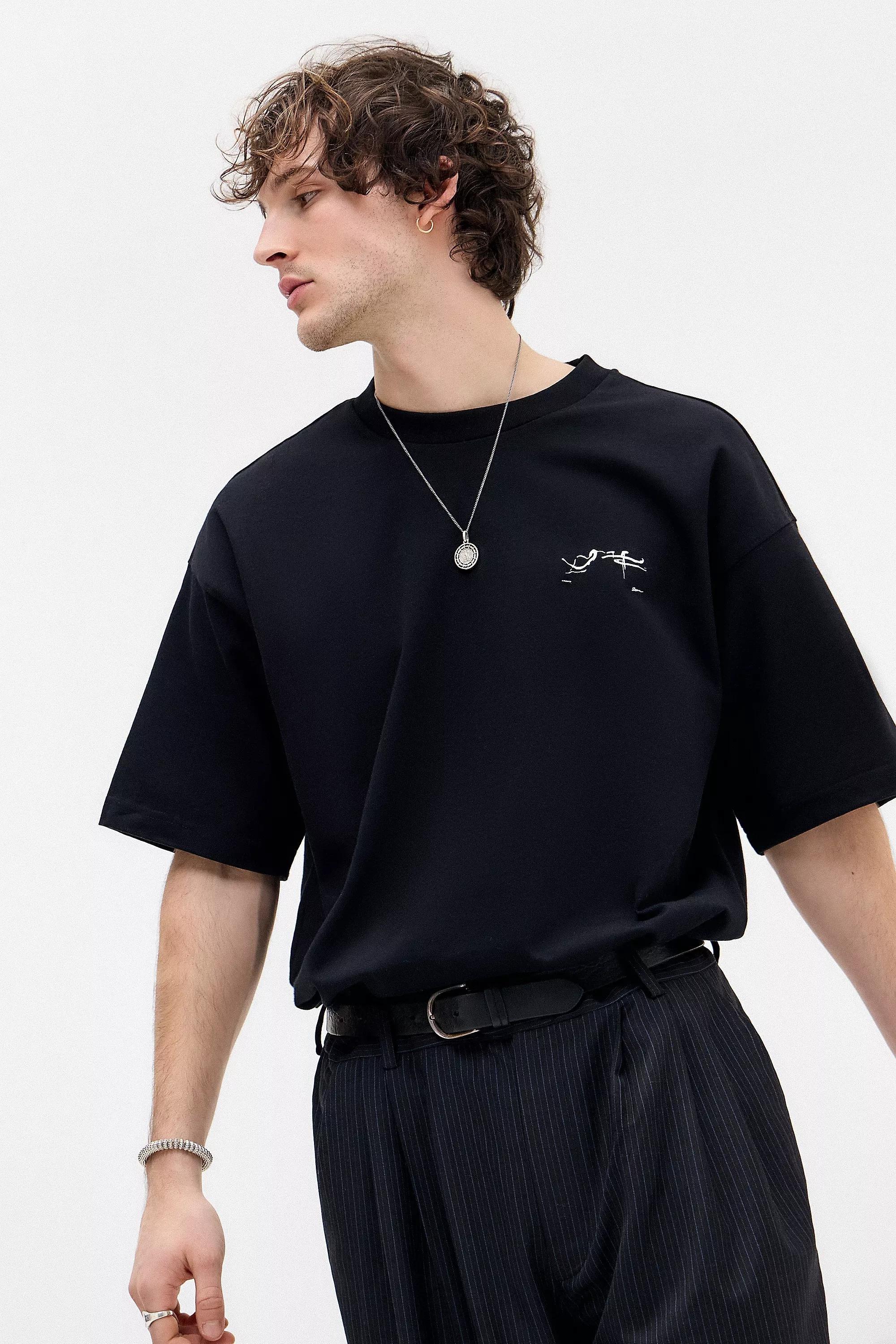 Black Drop Shoulder Round Neck T-Shirt, , large image number 0
