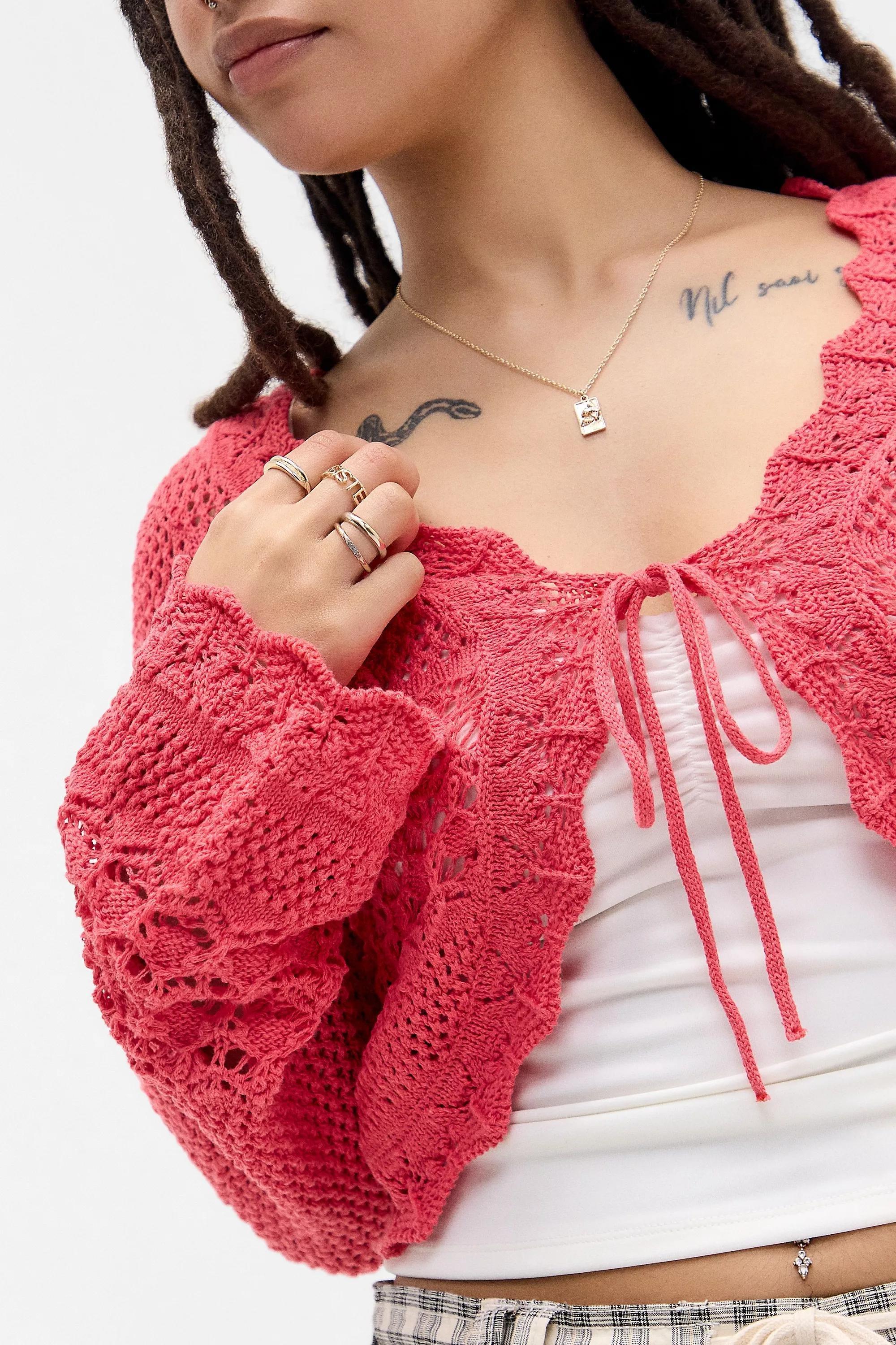 Coral Uo Rhodes Stitchy Tie-Front Cardigan, CORAL, medium