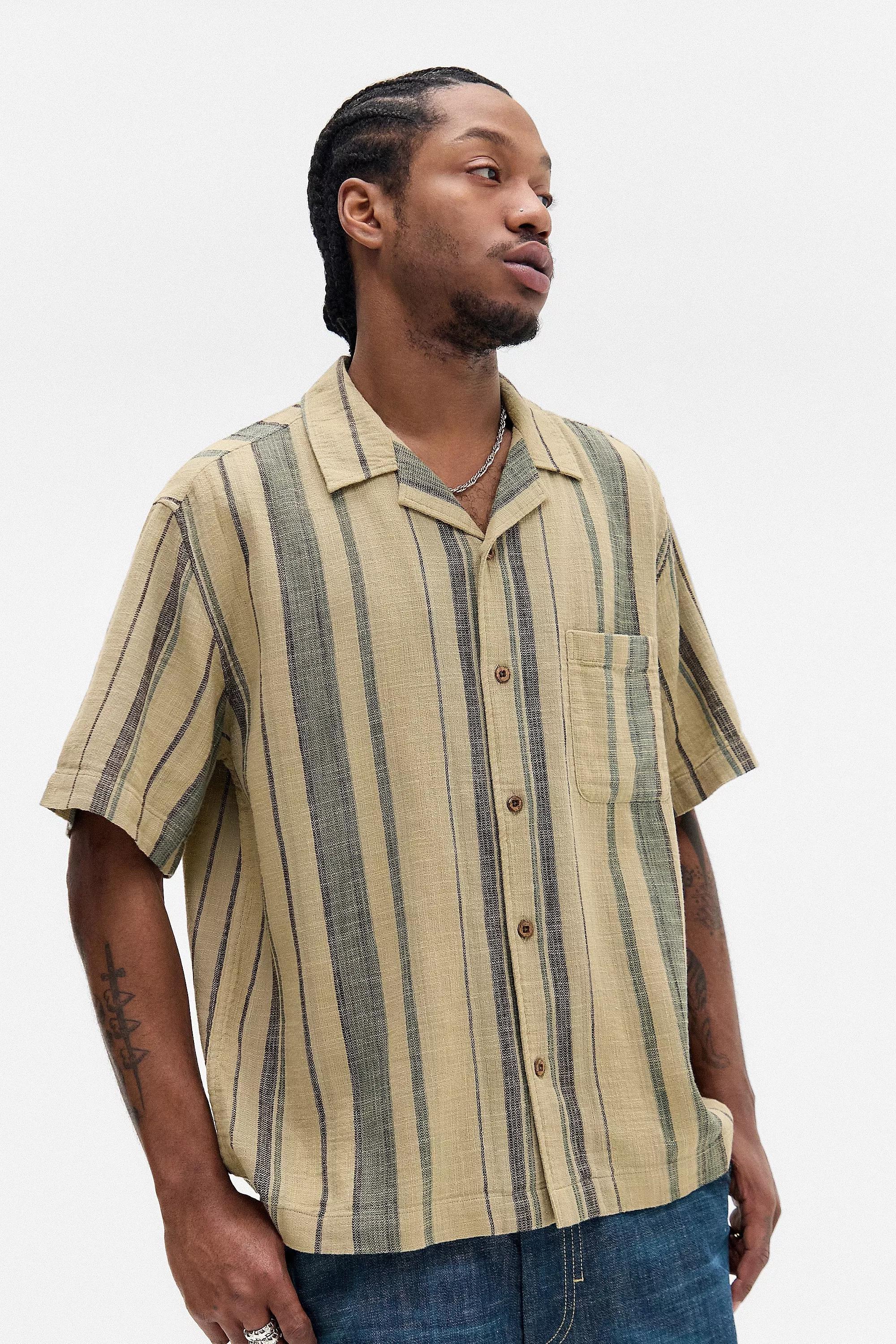 Khaki Uo Oversized Stripe Gauze Shirt, , medium