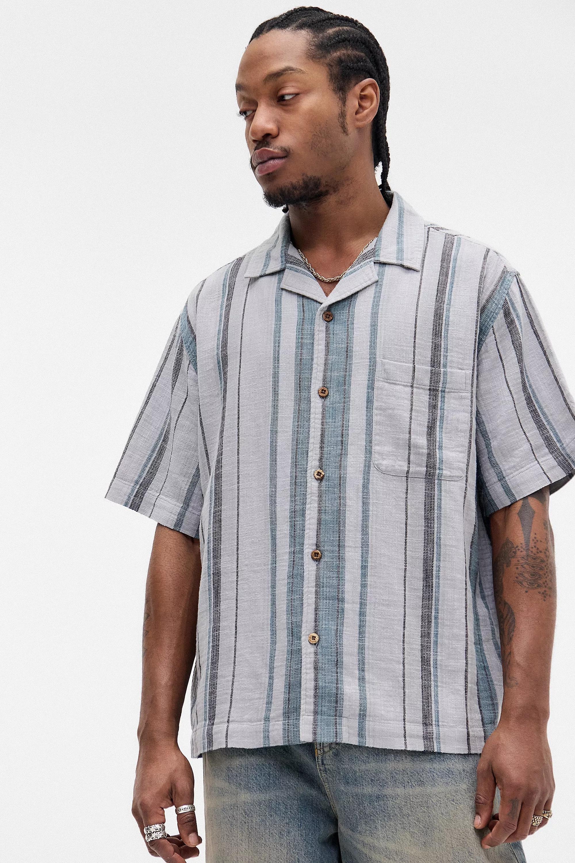 Grey Uo Gauze Striped Oversized Shirt, , medium