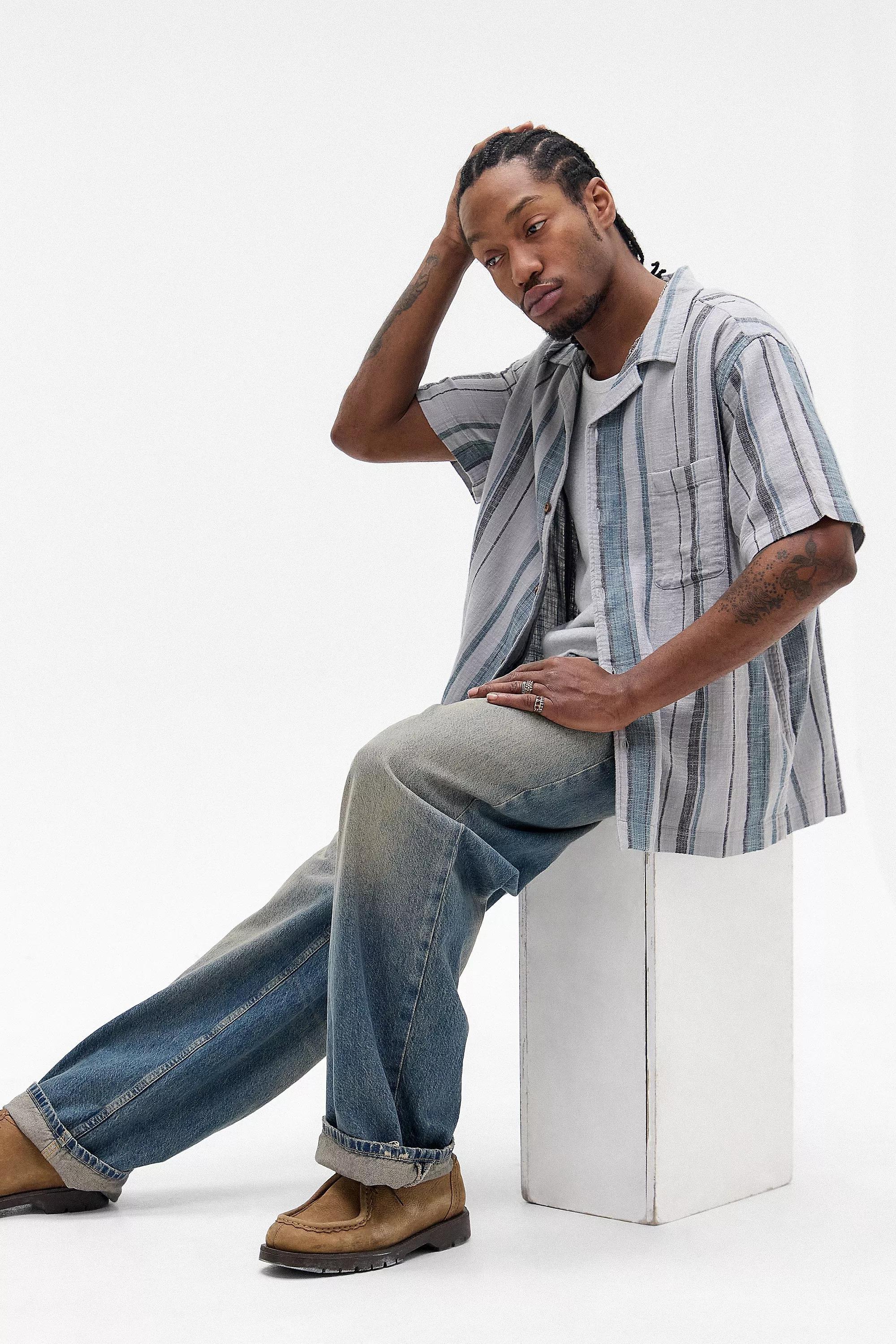 Grey Uo Gauze Striped Oversized Shirt, , large image number 1