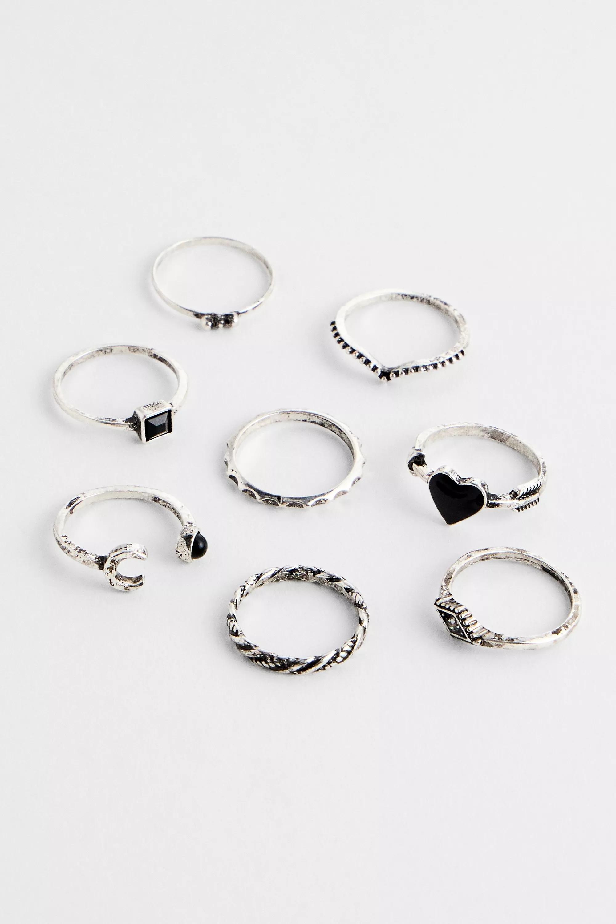 Silver Silence + Noise Black Stone Heart Ring, Set Of 8, , large image number 1