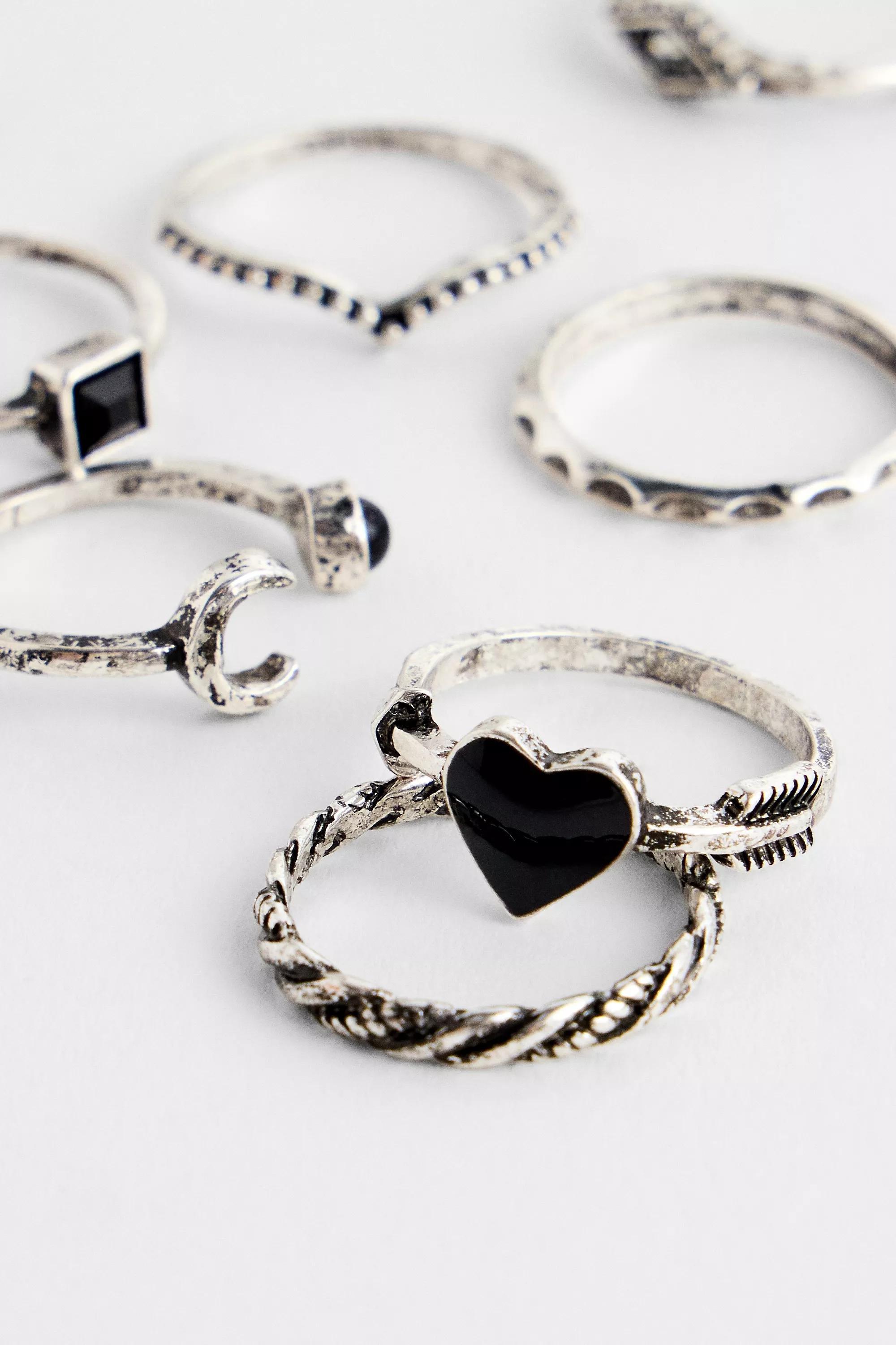 Silver Silence + Noise Black Stone Heart Ring, Set Of 8, , large image number 2