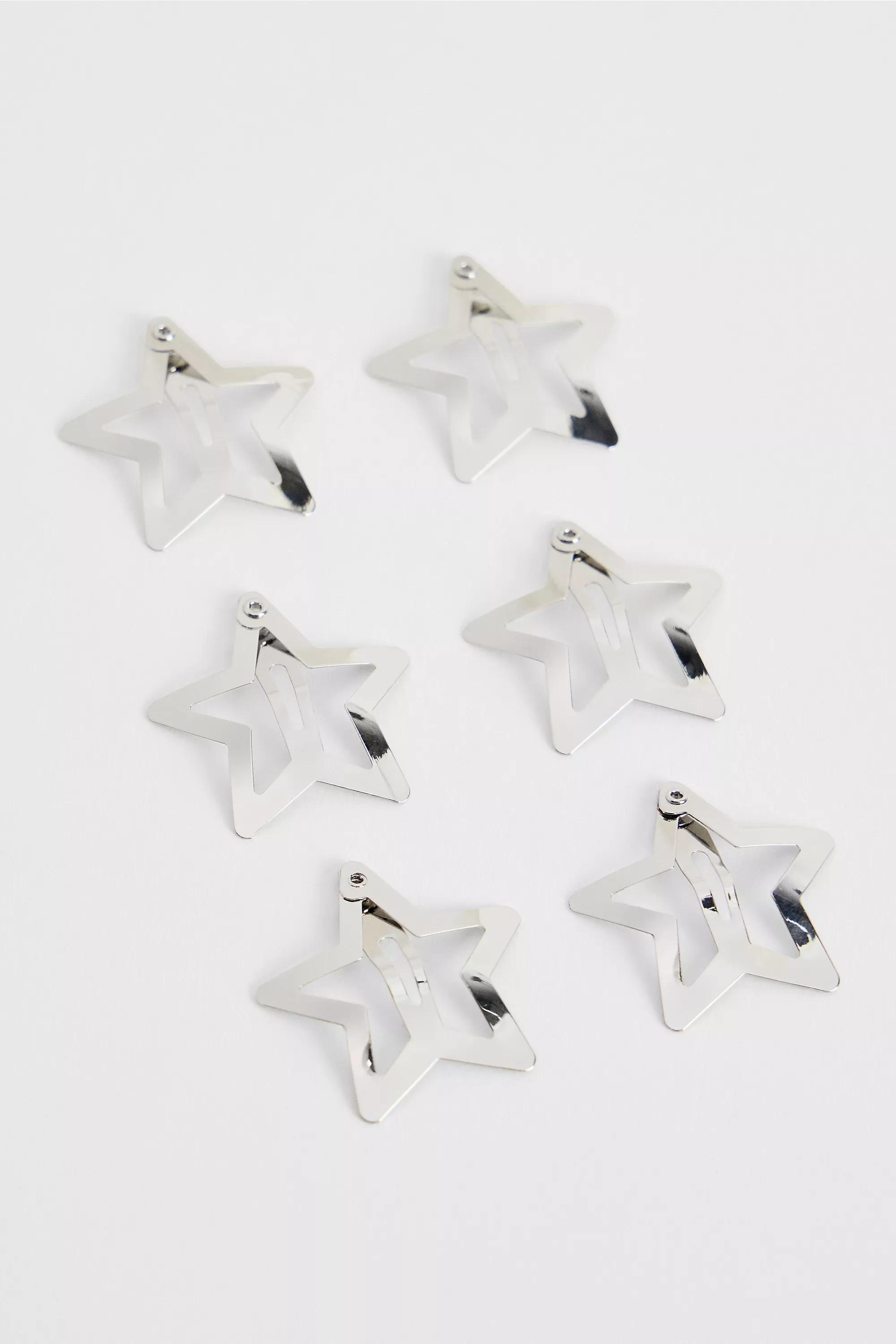 Silver Star Snap Hair Clips, Set Of 6, , medium