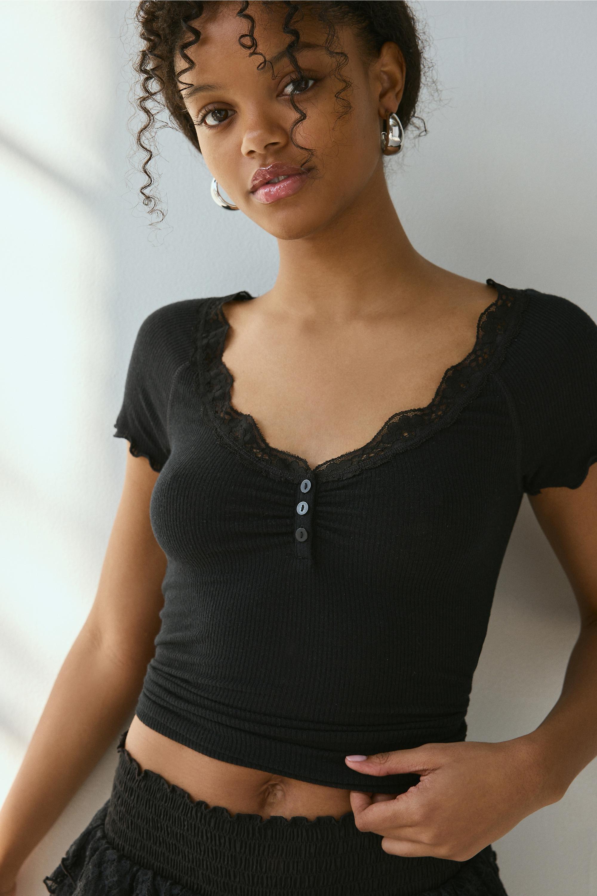 Black Out From Under Diana Lace Henley T-Shirt, BLK, medium