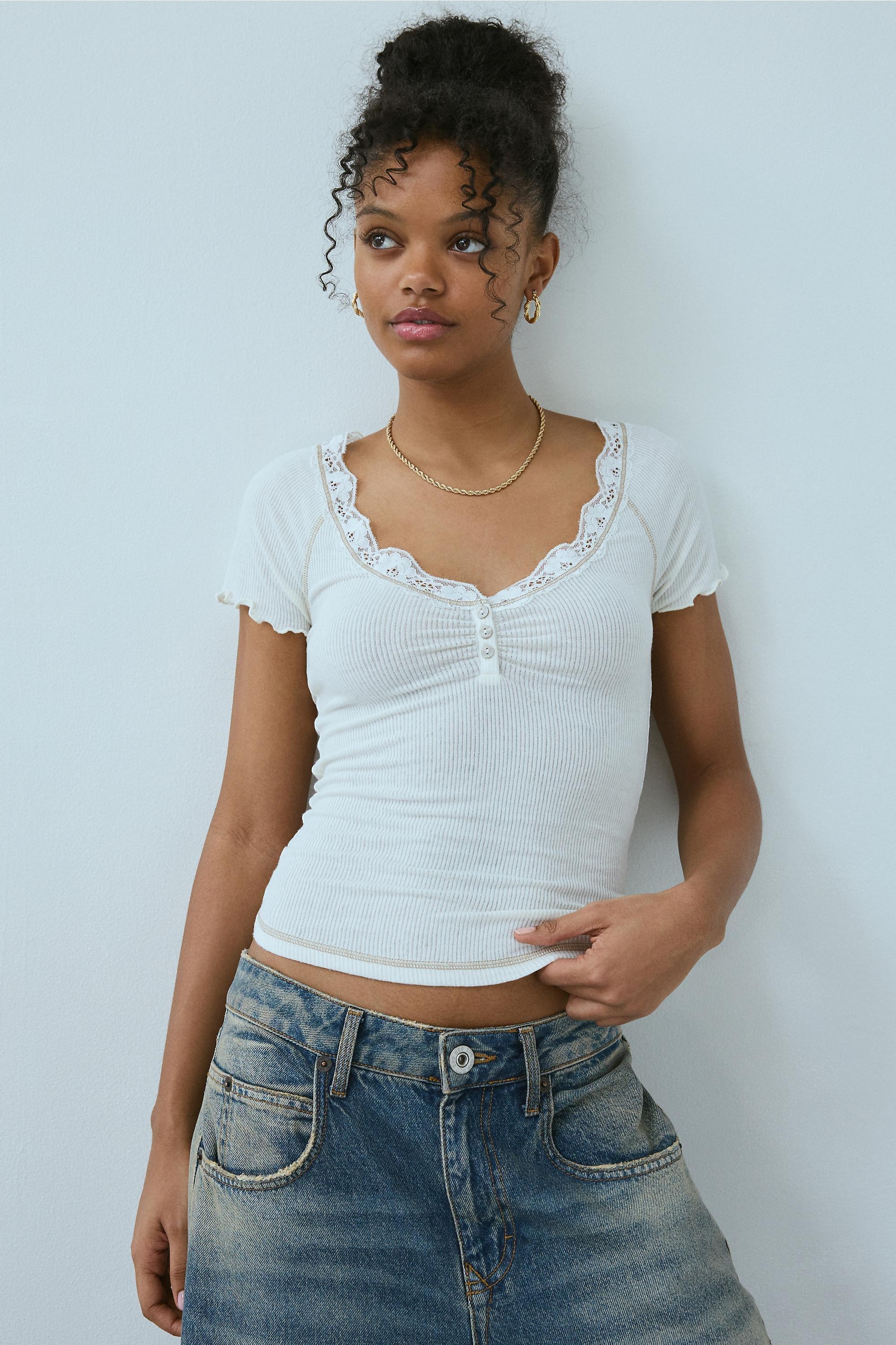 White Out From Under Diana Lace Henley T-Shirt, IVRY, large image number 1