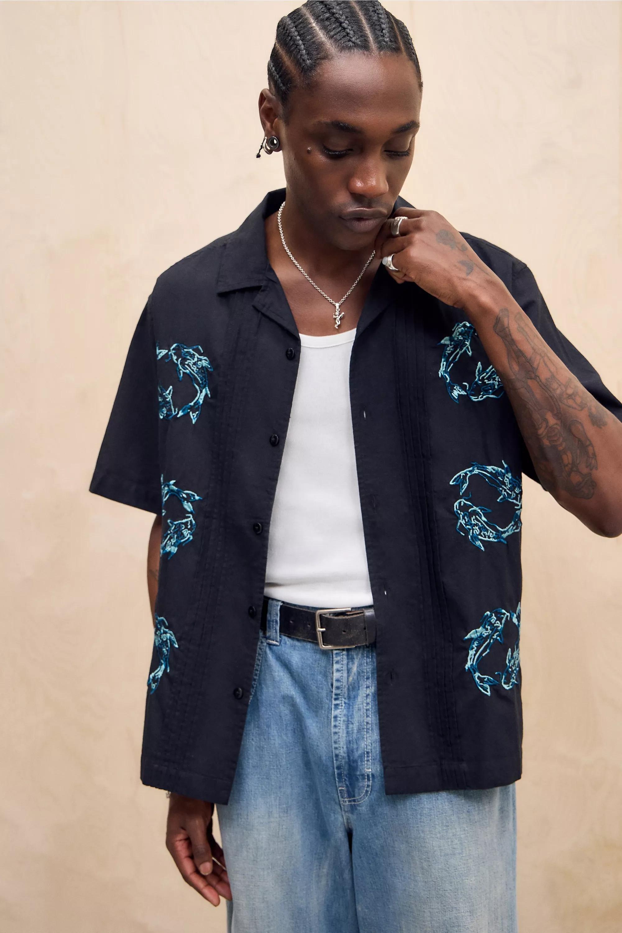 Black Bdg Embroidered Short Sleeve Shirt, BLK, medium