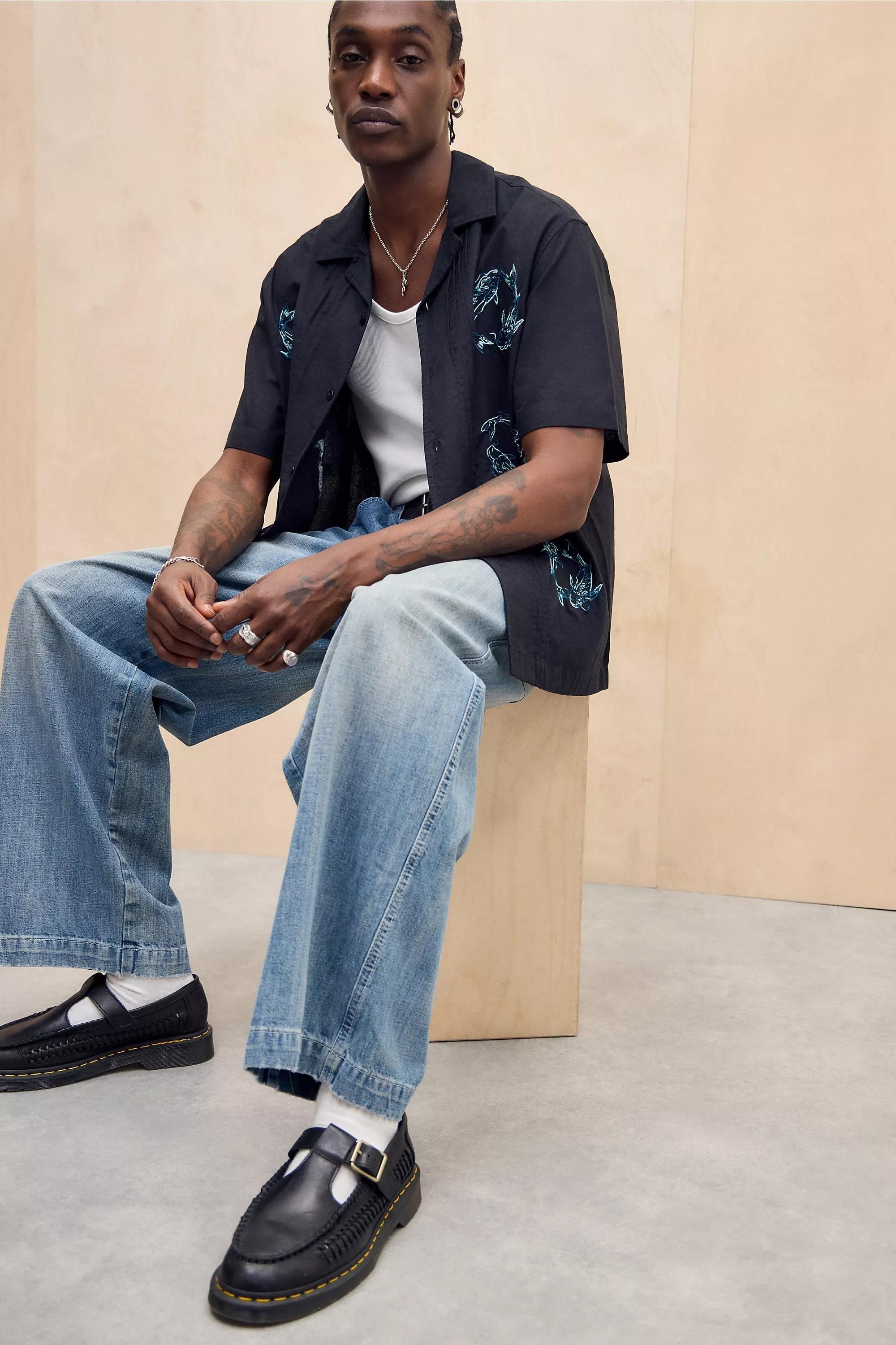 Black Bdg Embroidered Short Sleeve Shirt, BLK, medium