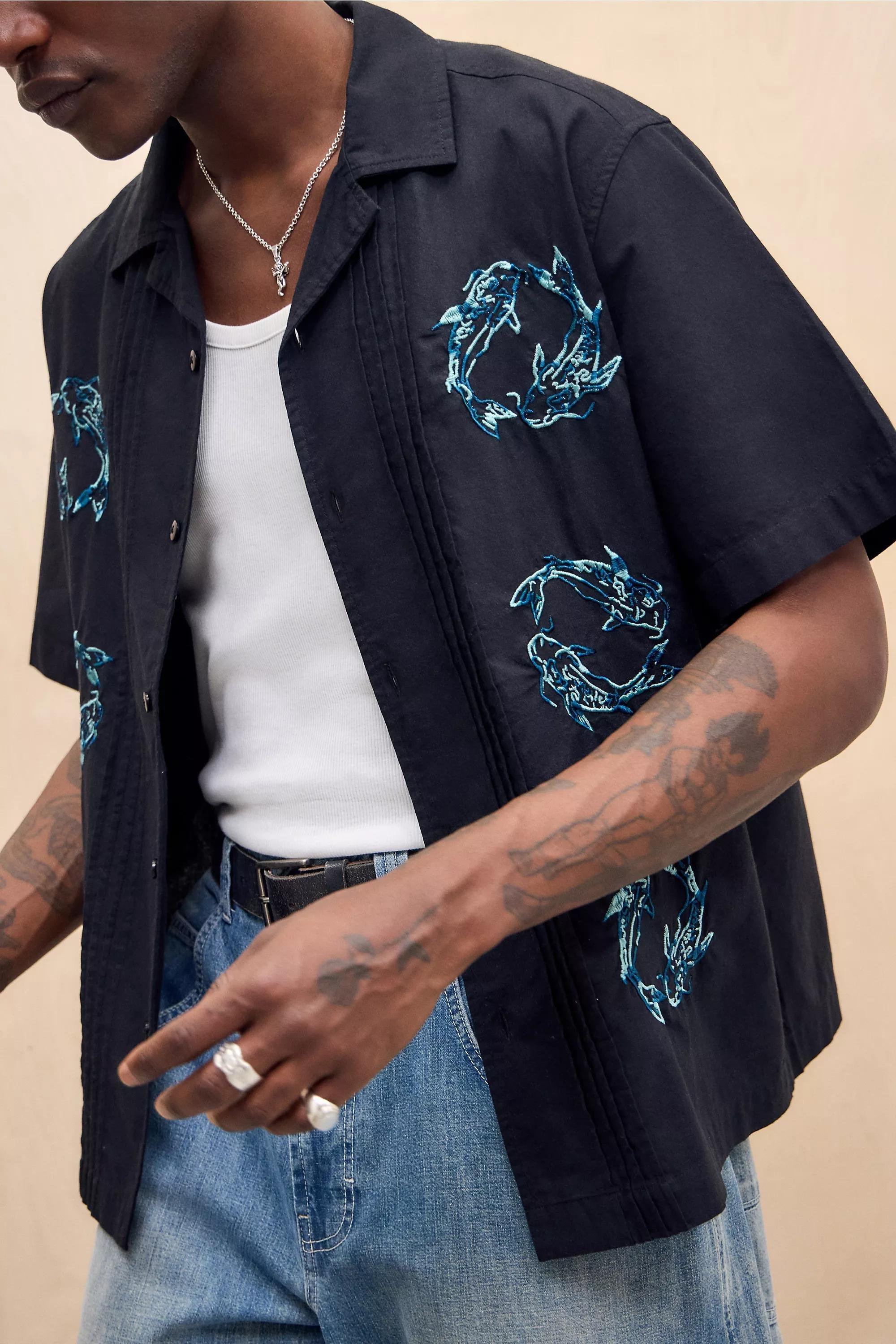 Black Bdg Embroidered Short Sleeve Shirt, BLK, medium