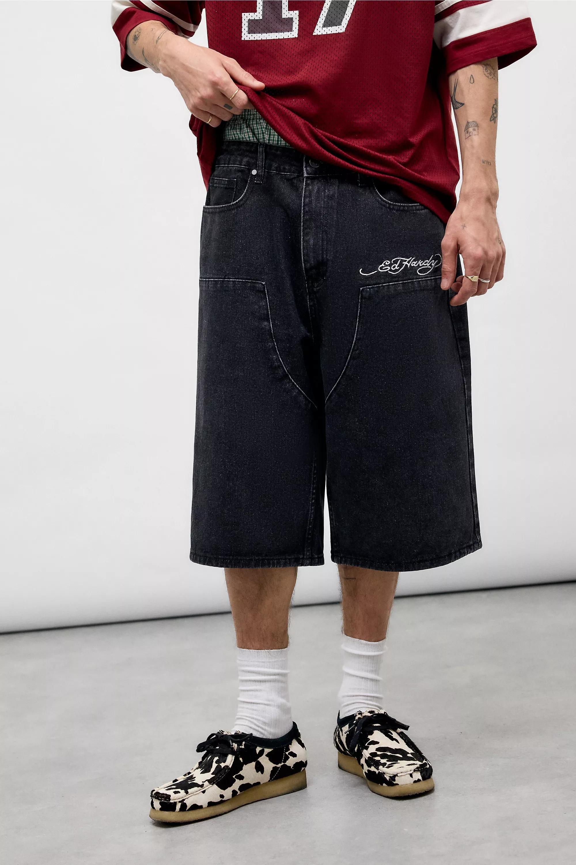 Ed Hardy UO Exclusive Black Double Knee Dragon Shorts, BLK, medium