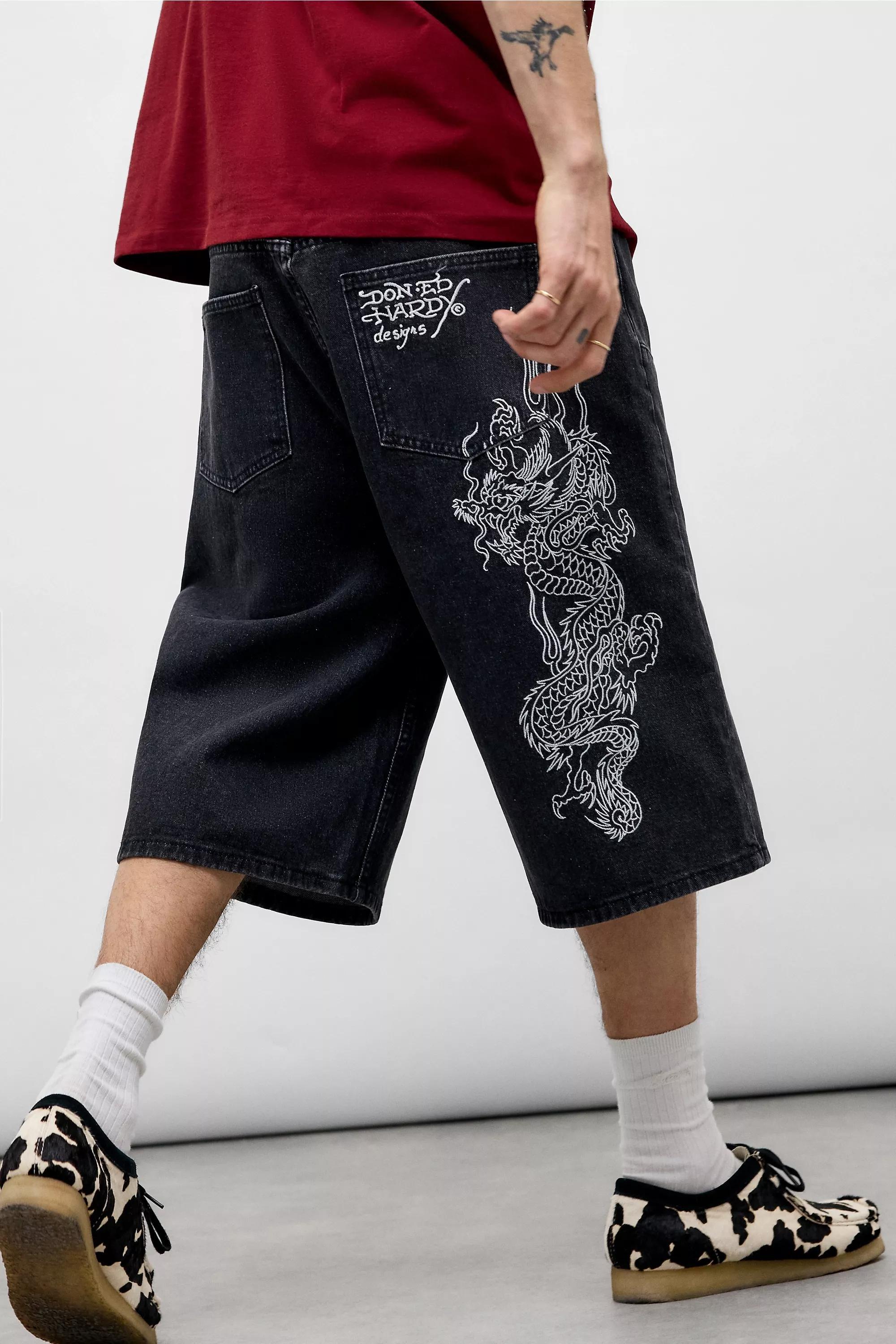 Ed Hardy UO Exclusive Black Double Knee Dragon Shorts, BLK, medium