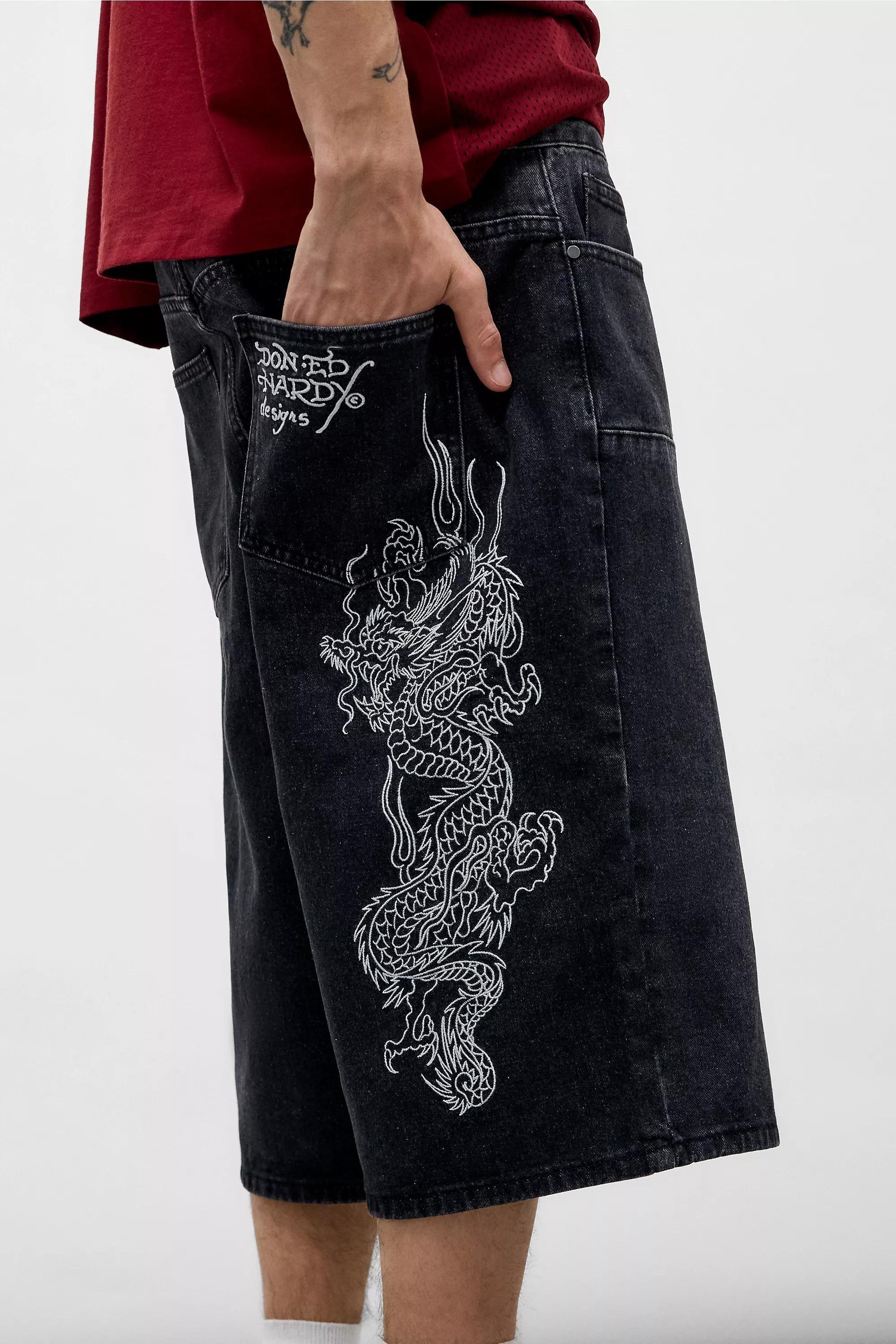 Ed Hardy UO Exclusive Black Double Knee Dragon Shorts, BLK, medium