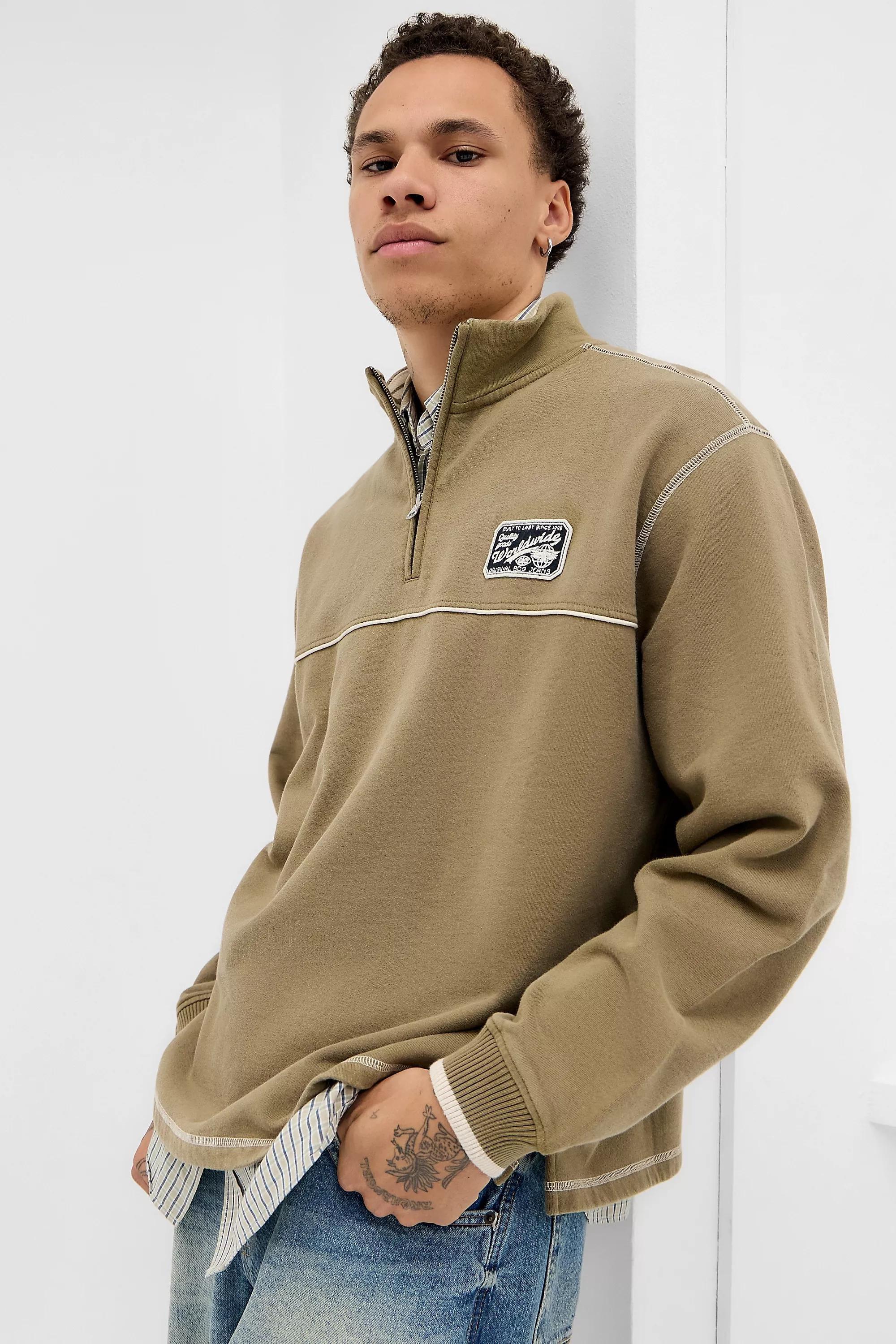 BDG Khaki Mock Neck Sweatshirt, KHAKI, medium