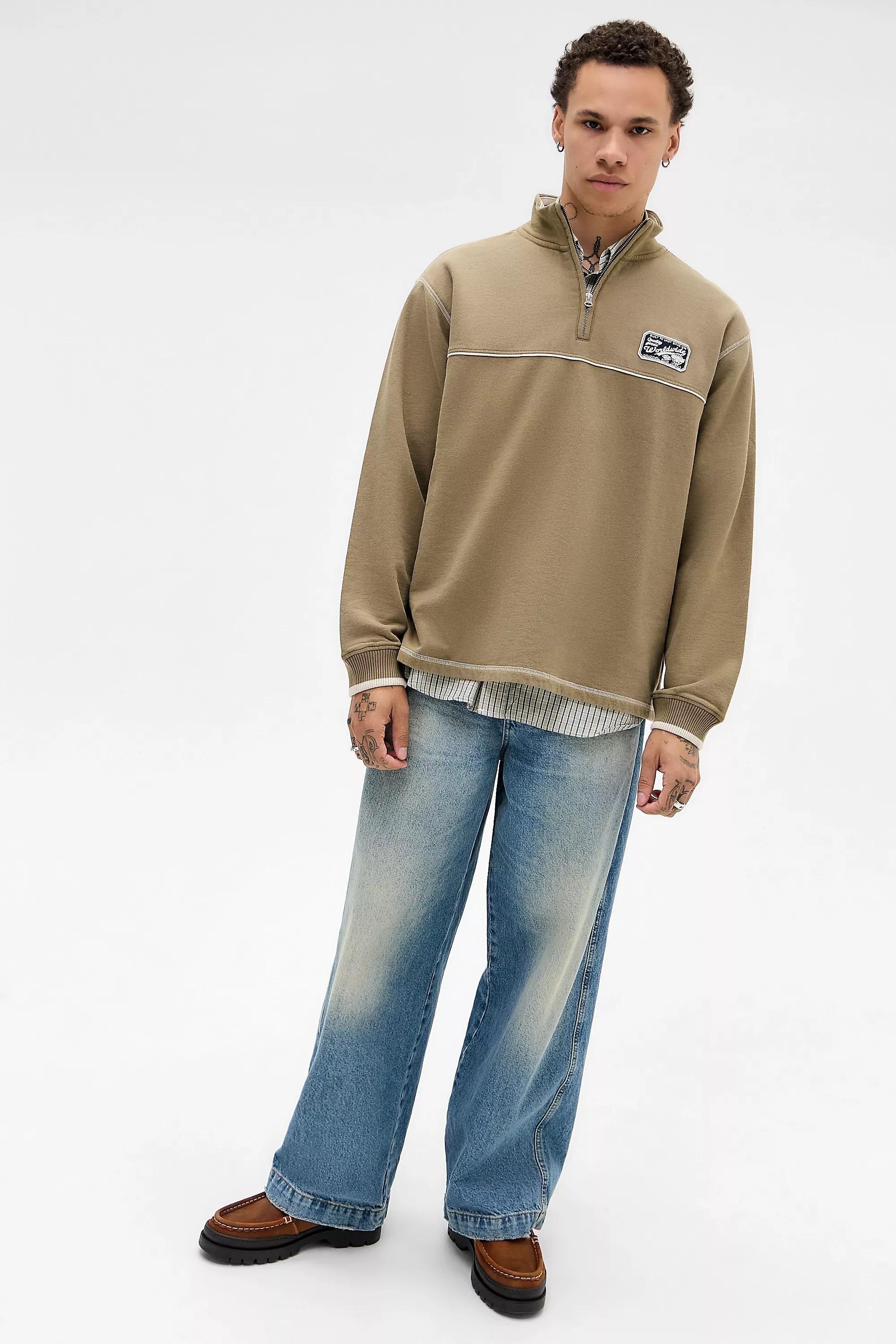 BDG Khaki Mock Neck Sweatshirt, KHAKI, medium