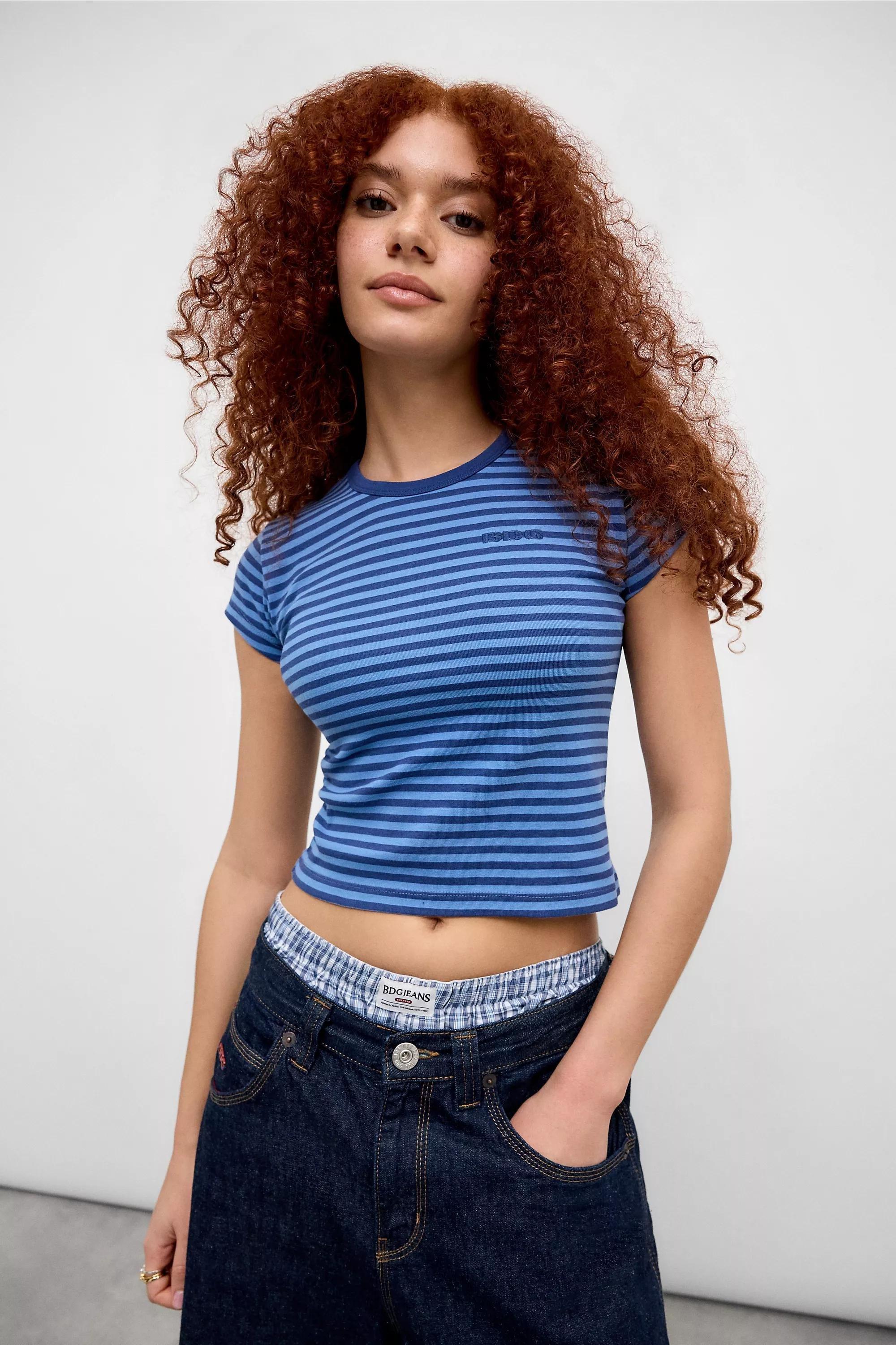 UO Striped Cropped T-Shirt, BLUE, medium