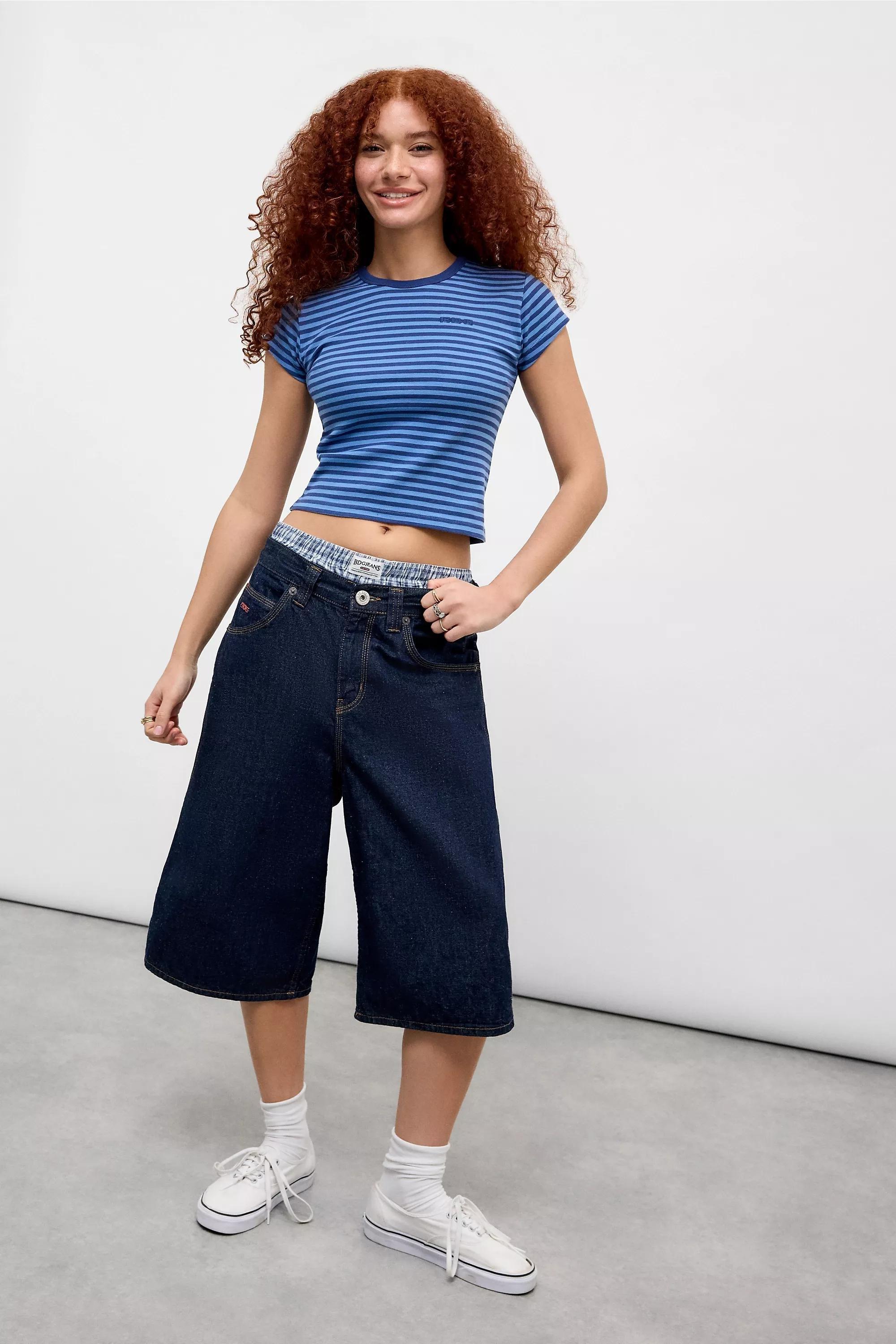 UO Striped Cropped T-Shirt, BLUE, large image number 1
