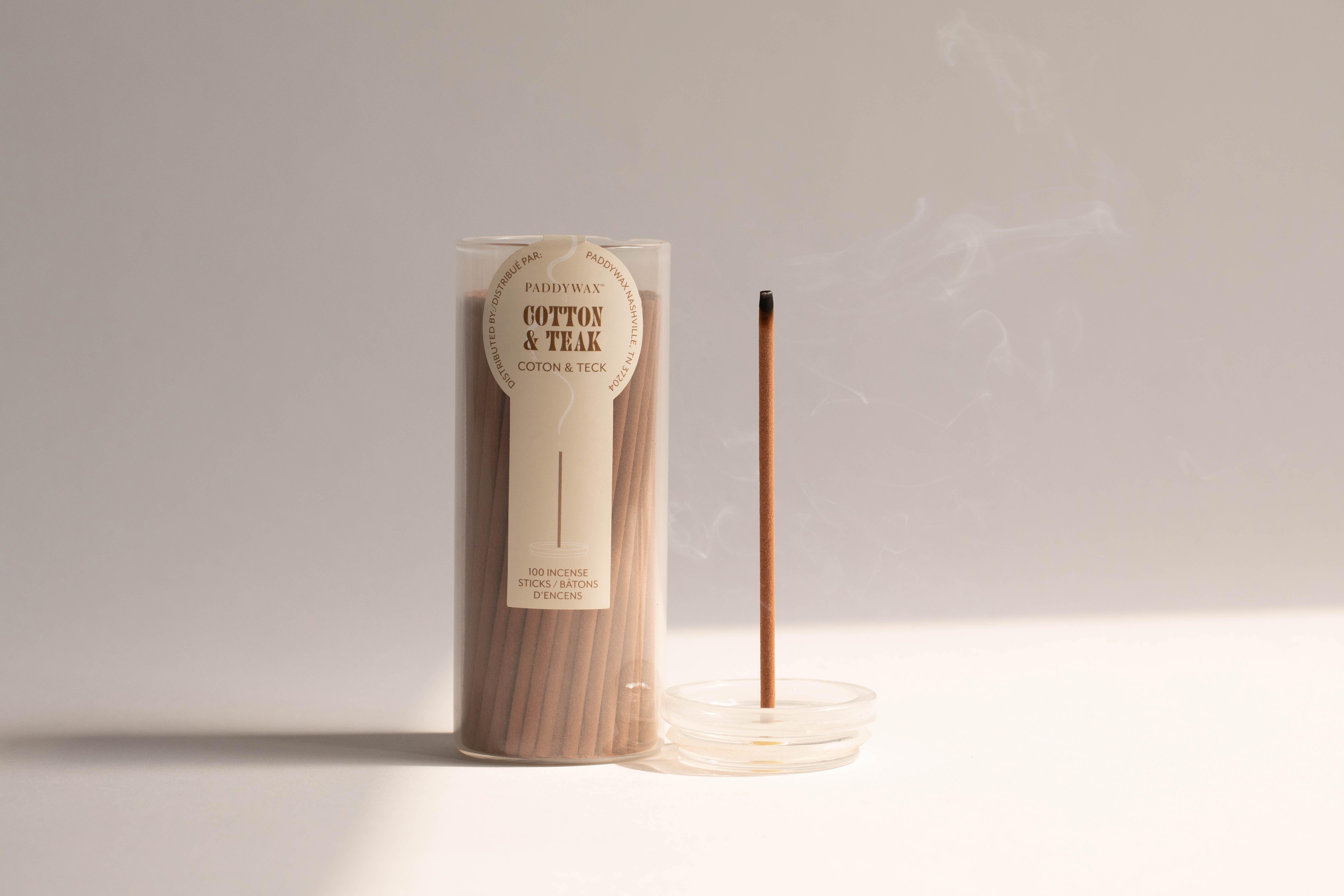 Incense 100 Sticks With Transparent Milky White Glass Jar + Opaque White Incense Holder Cotton & Teak ,Multicolour, A322_01EU, medium