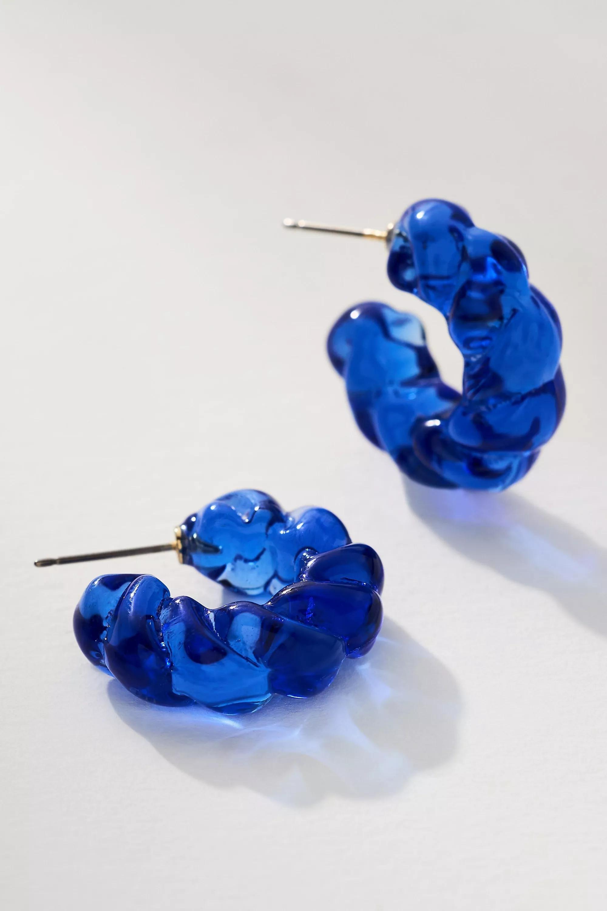 Twisted Glass Hoop Earrings, Blue, A501_0040, medium