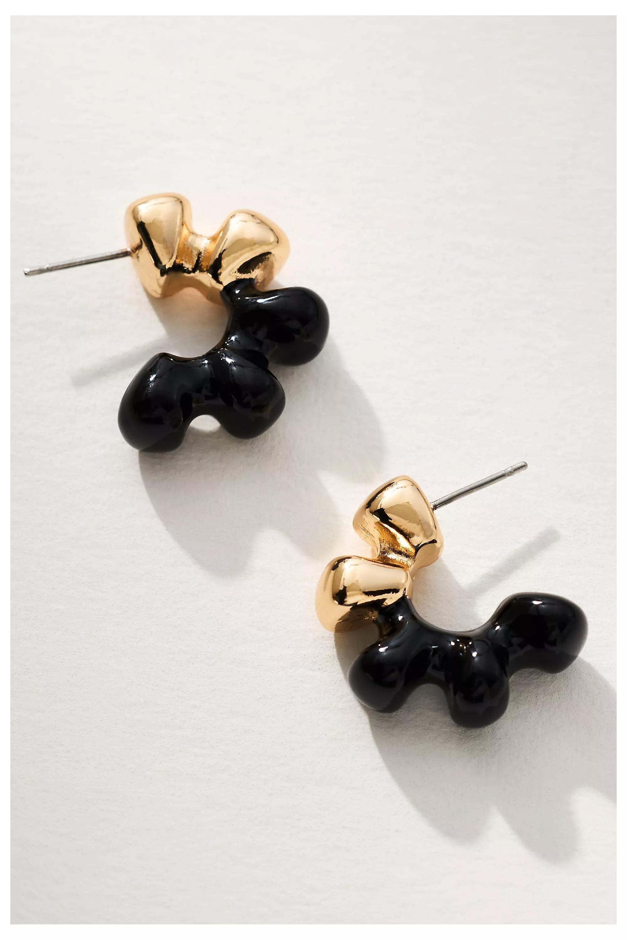 Enamel-Dipped Metal Hoop Earrings, Black, , medium
