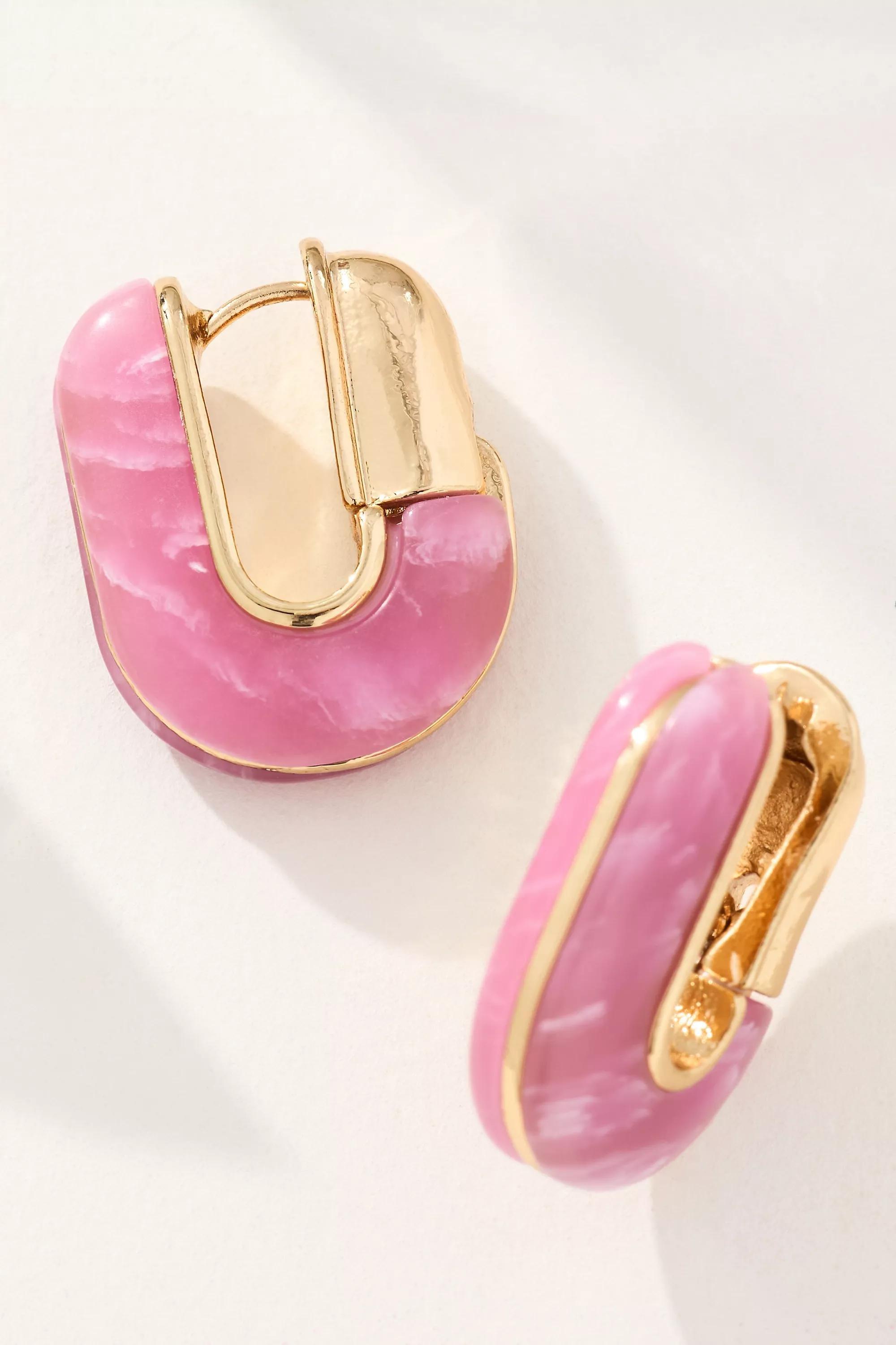 Geo Stone Huggie Hoop Earrings, Pink, , medium