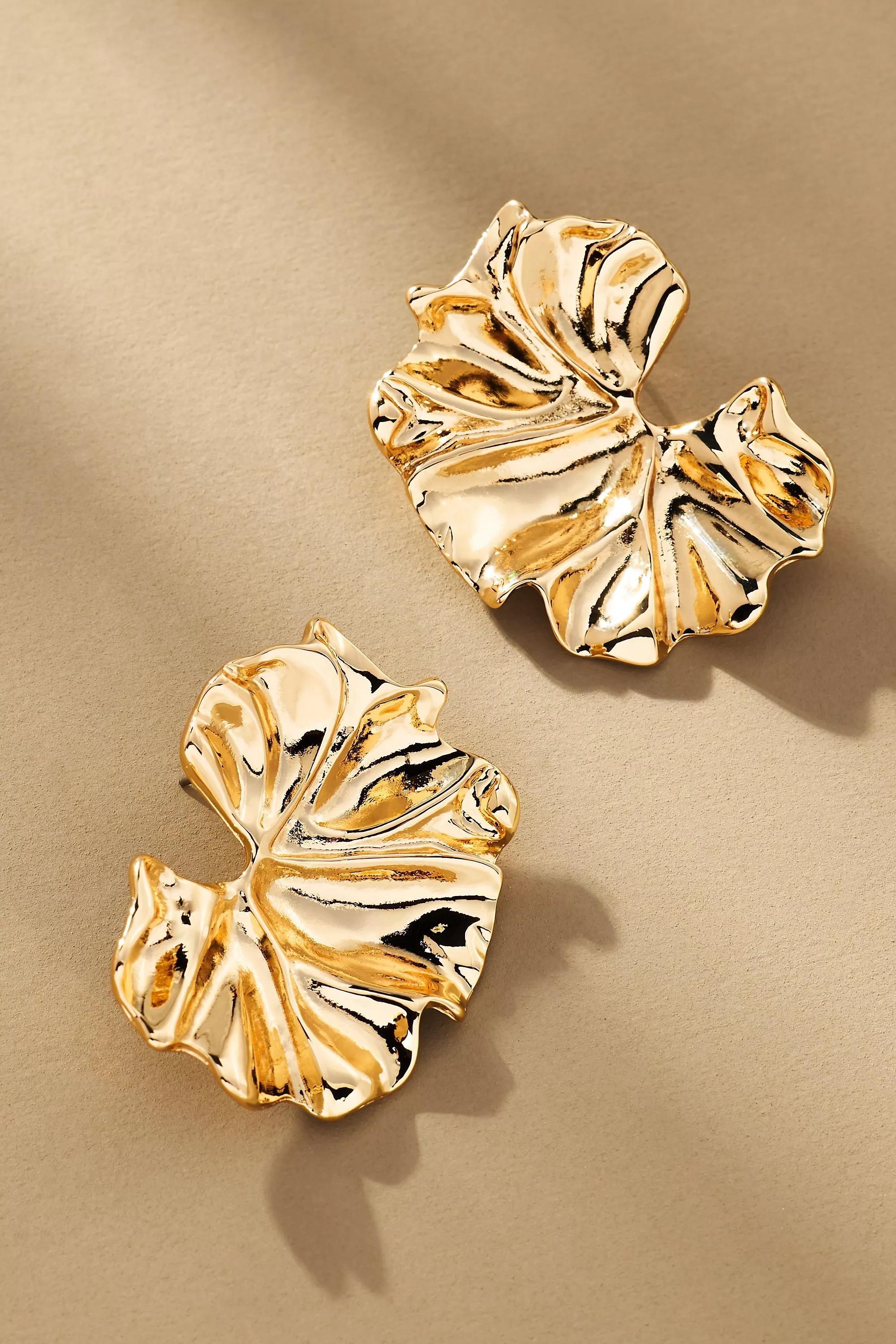 Metal Fluttered Post Earrings, Gold, A501_0070, large image number 0