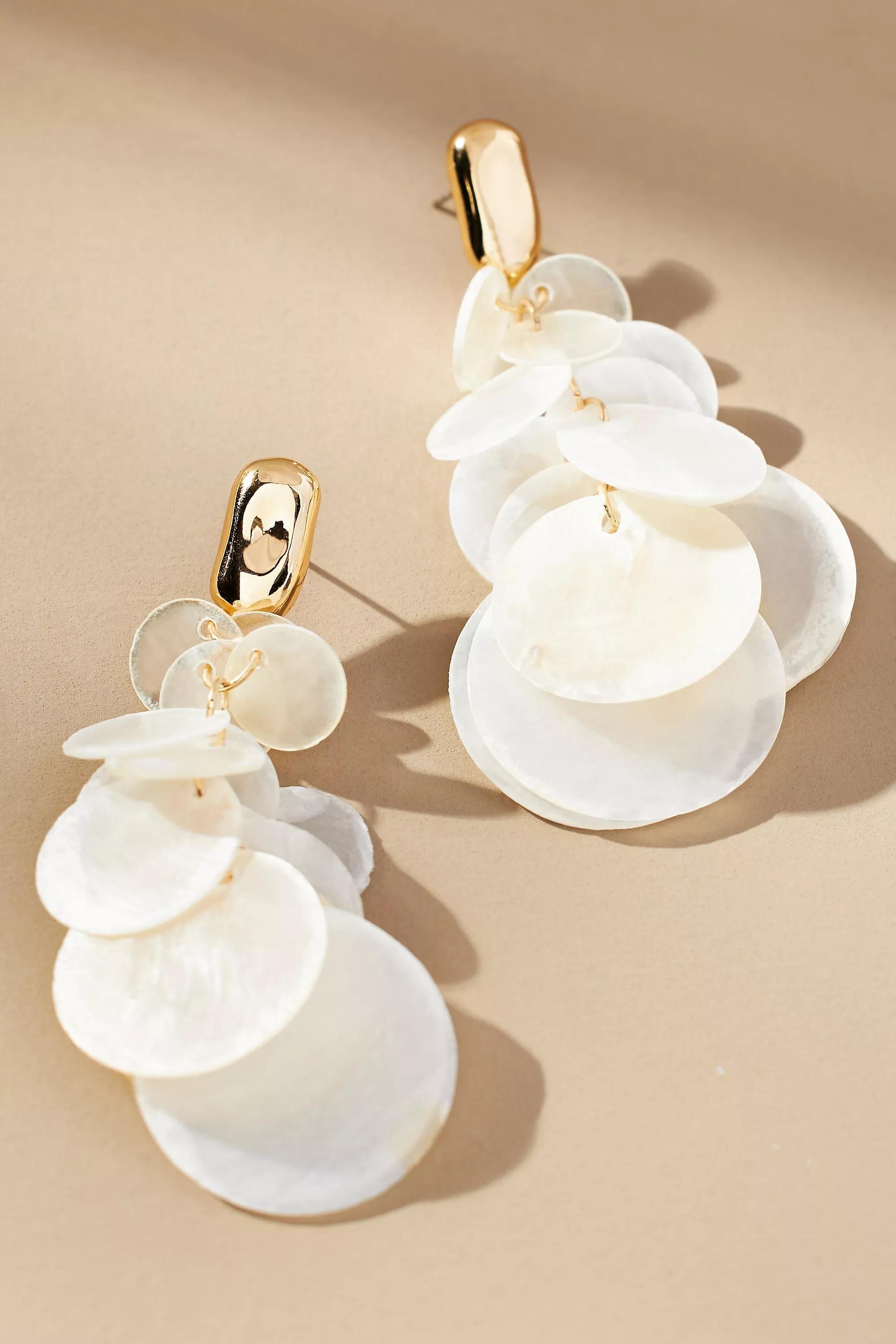Shell Disc Drop Earrings, White, A501_0010, large image number 0