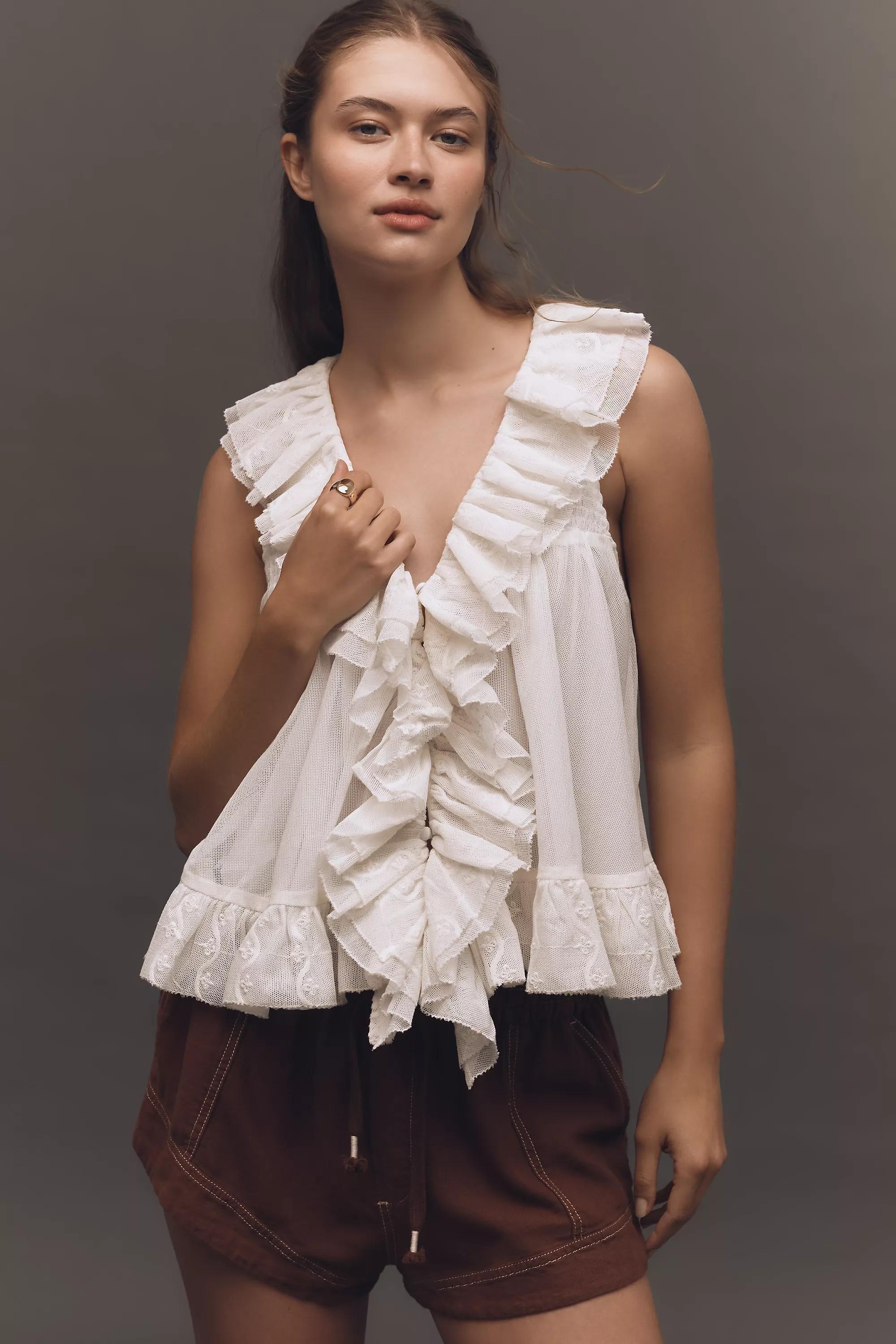 By Anthropologie Sheer Ruffle Swing Top, White, , large image number 0