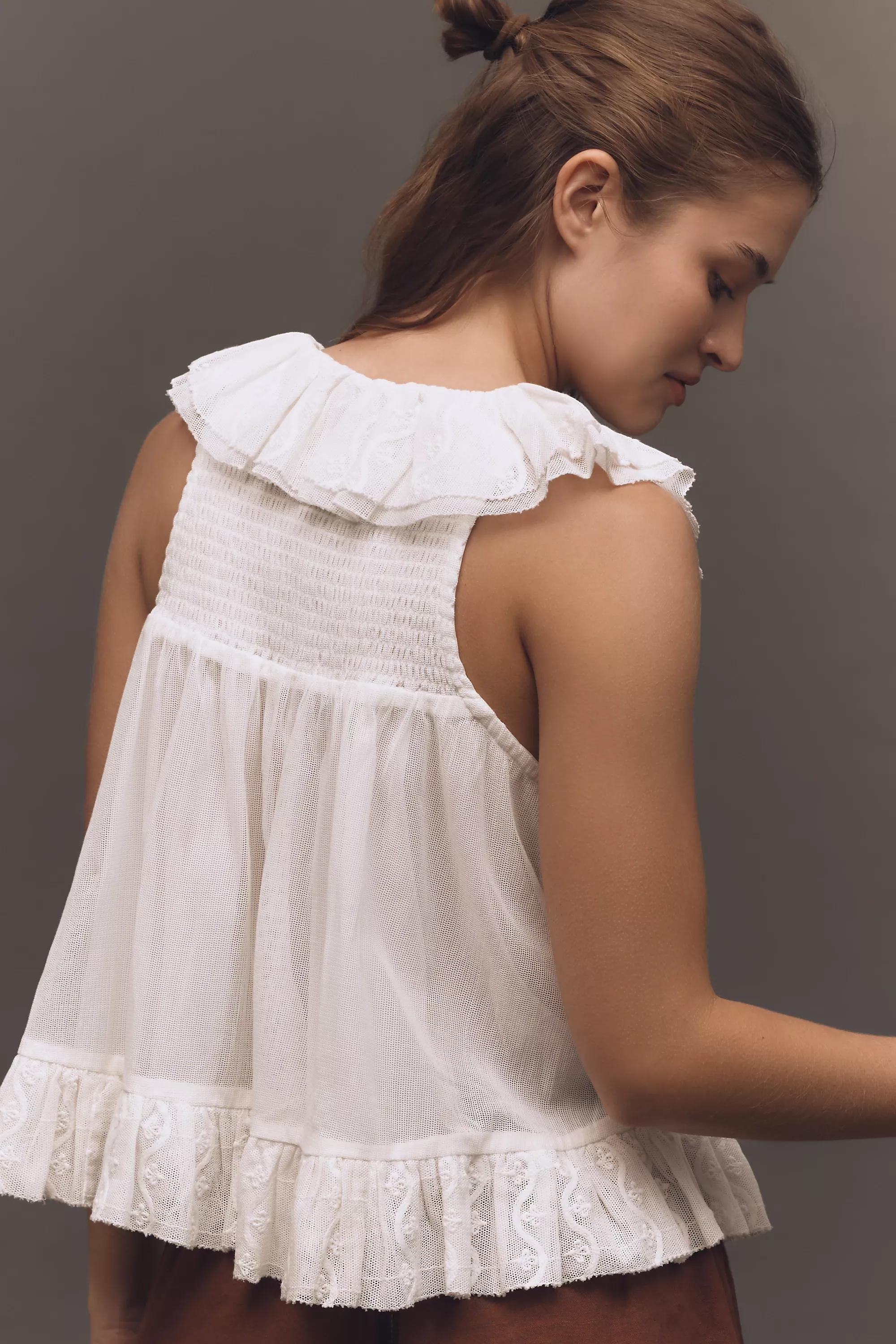By Anthropologie Sheer Ruffle Swing Top, White, , large image number 1