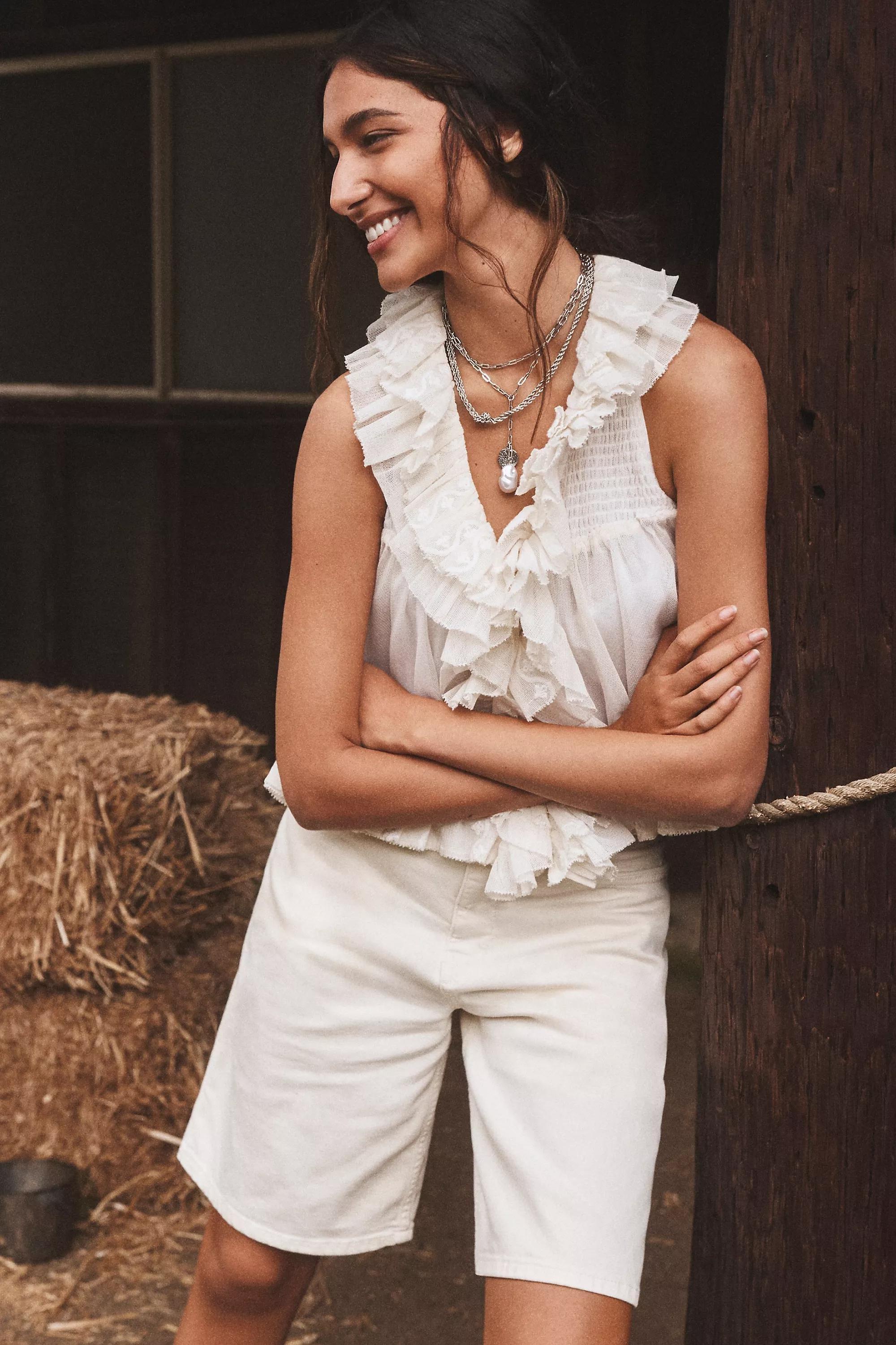 By Anthropologie Sheer Ruffle Swing Top, White, , large image number 4