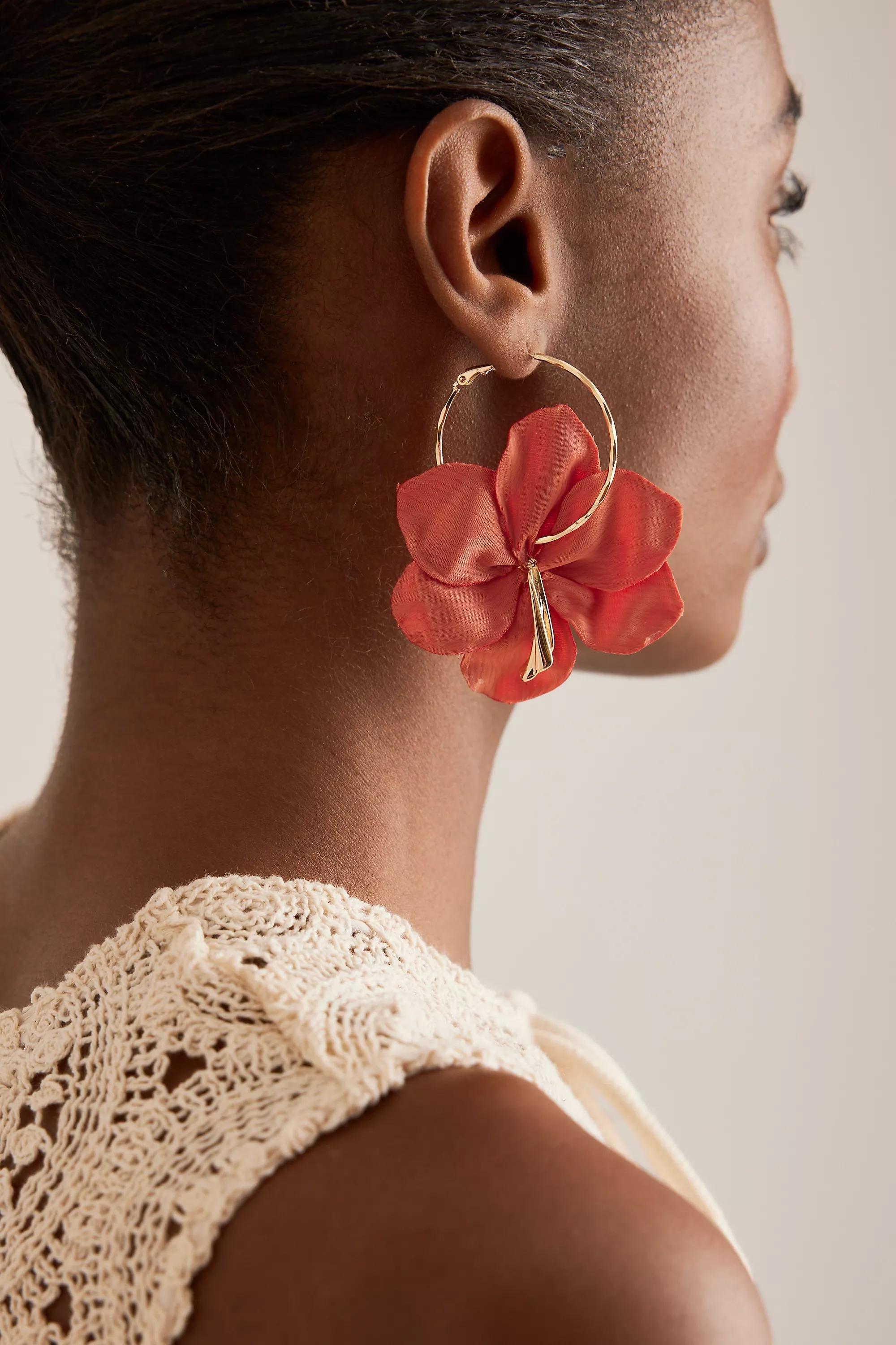 Oversized Flower Drop Hoop Earrings, Pink, A501_0066, large image number 0