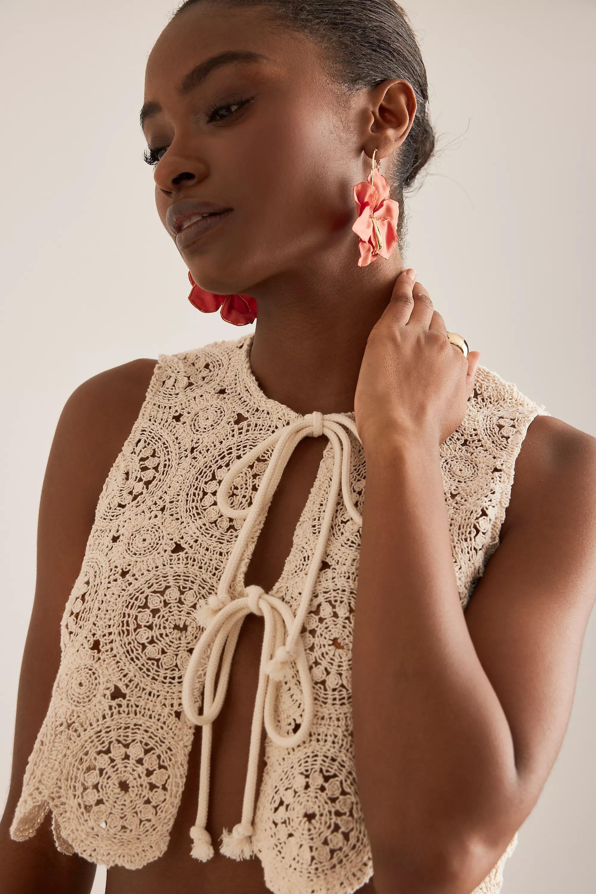 Oversized Flower Drop Hoop Earrings, Pink, A501_0066, large image number 3