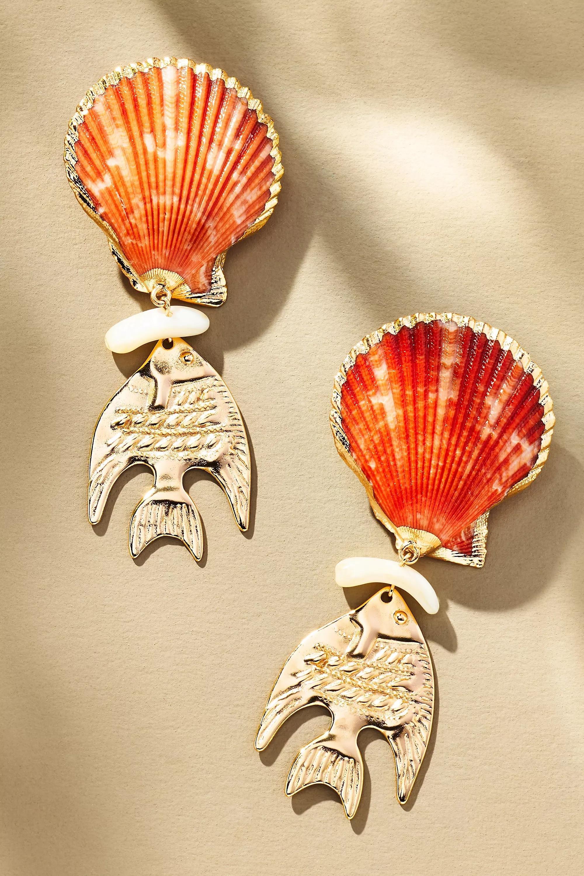 GOLD Fish Charm Shell Drop Earrings, A501_0070, large image number 0