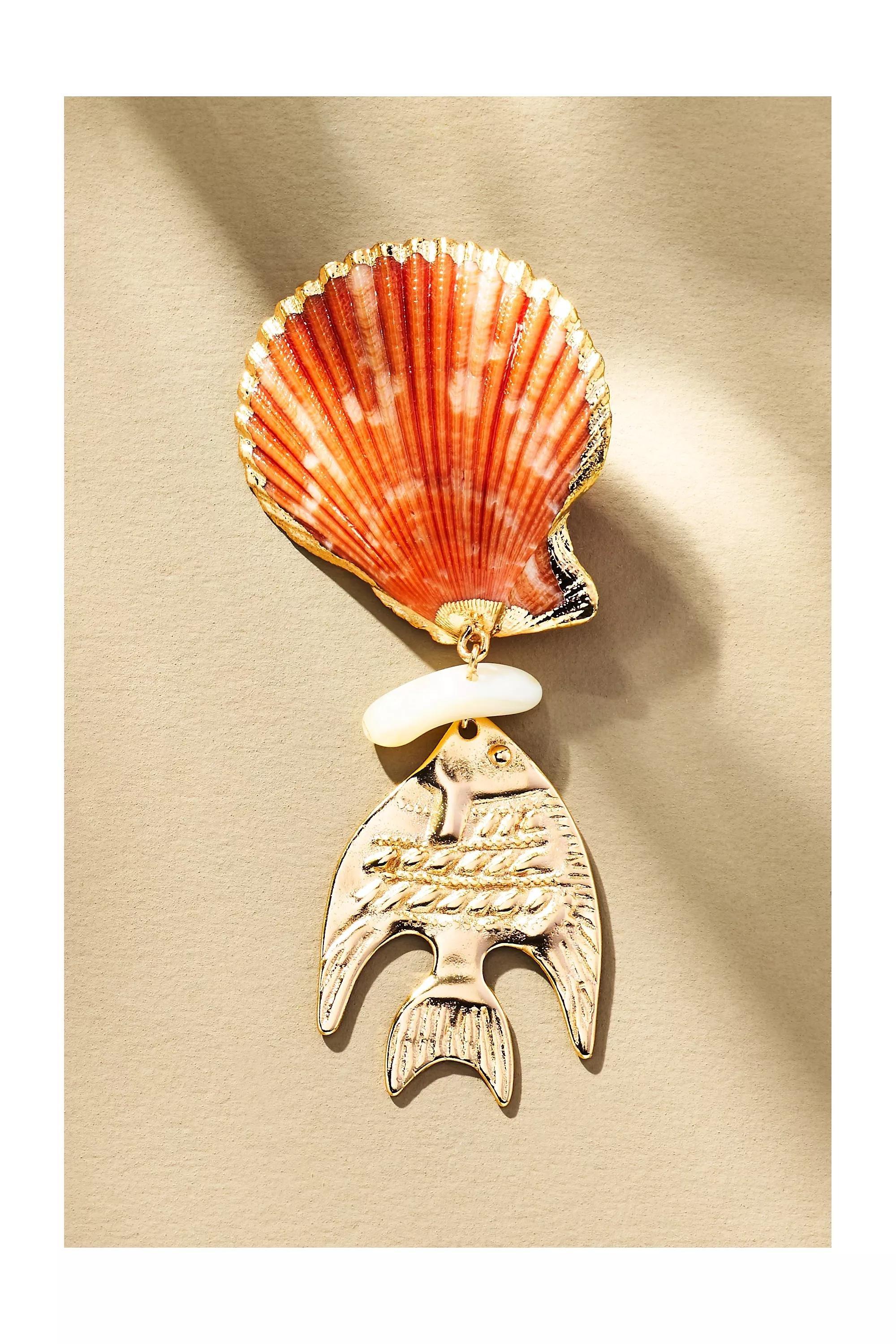GOLD Fish Charm Shell Drop Earrings, A501_0070, large image number 3
