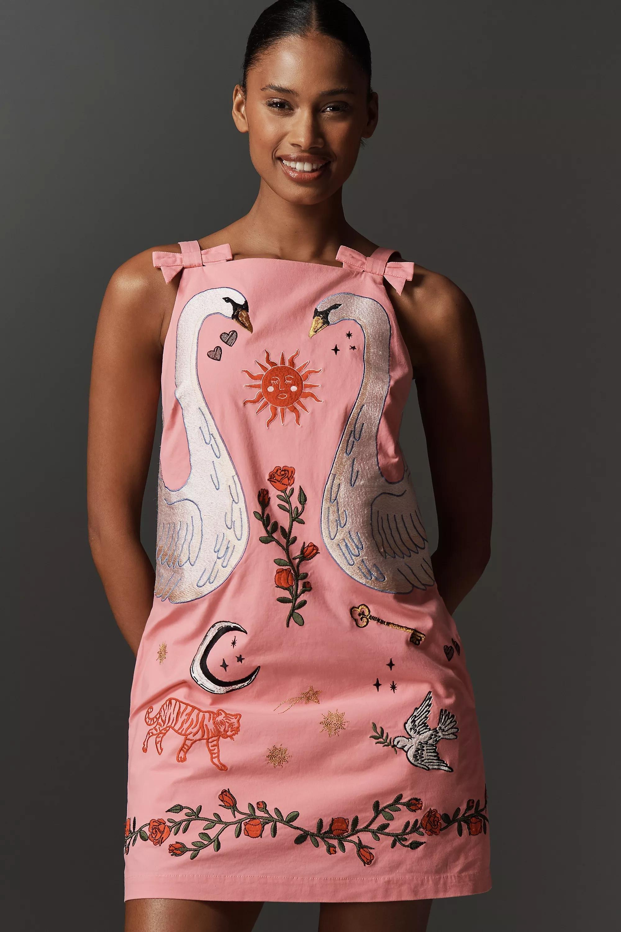 By Anthropologie Embroidered Mini Shift Dress, Pink, A501_0266, medium