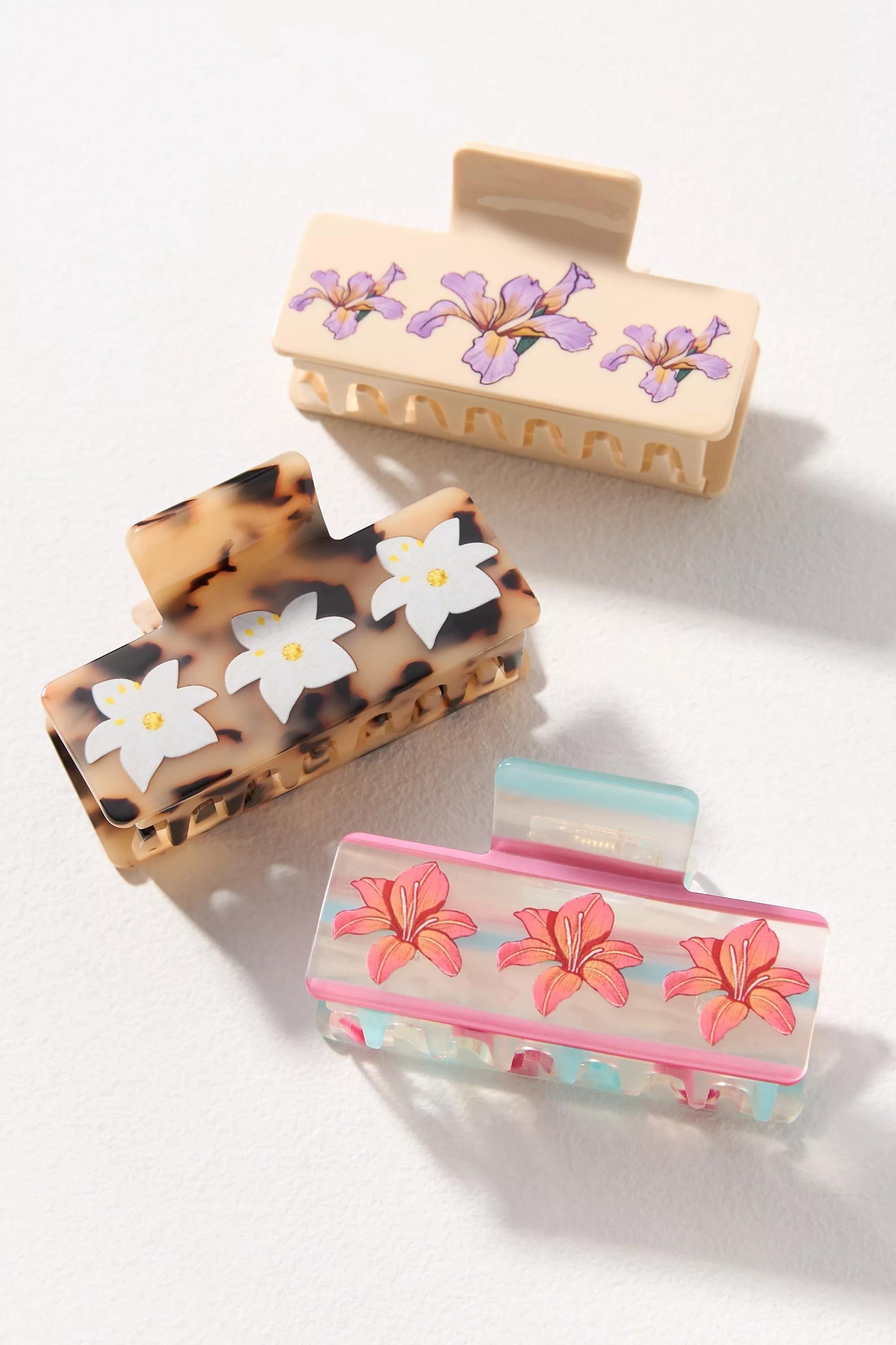 Multicolour Pattern Painted Floral Hair Claw Clips, Set Of 3, , medium