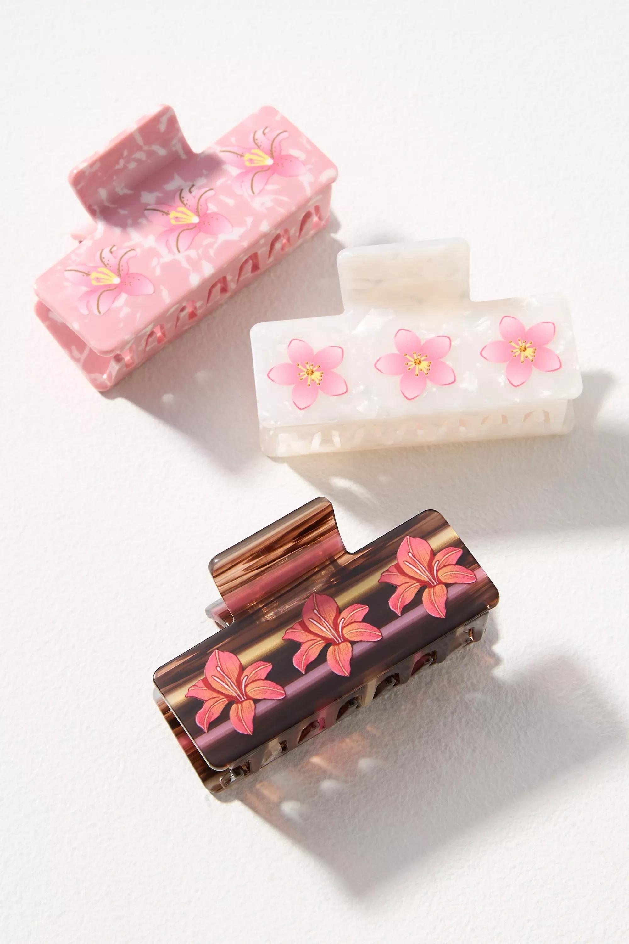 Brown Pattern Painted Floral Hair Claw Clips, Set Of 3, , medium
