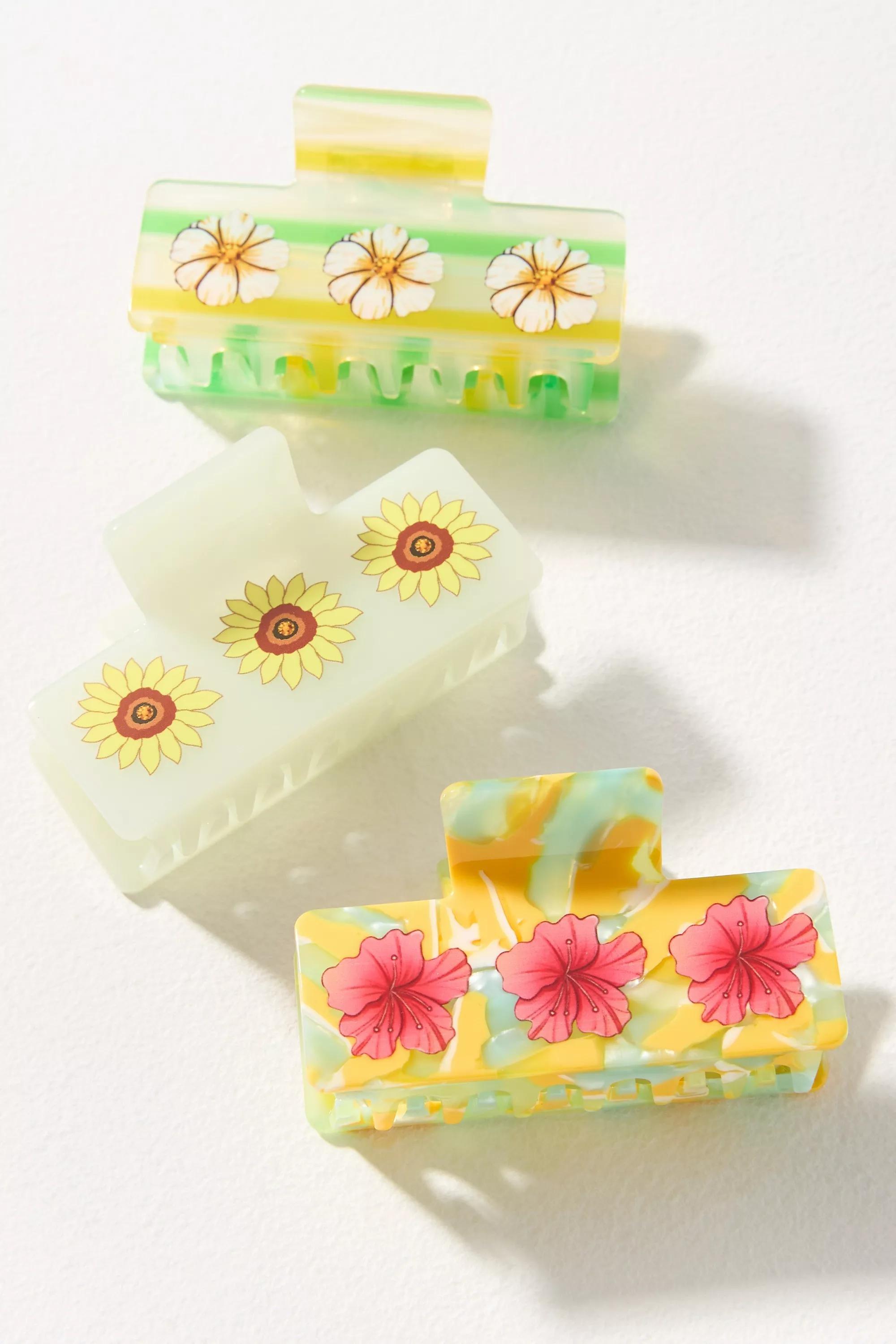 Green Painted Floral Hair Claw Clips, Set Of 3, A501_0237, large image number 0