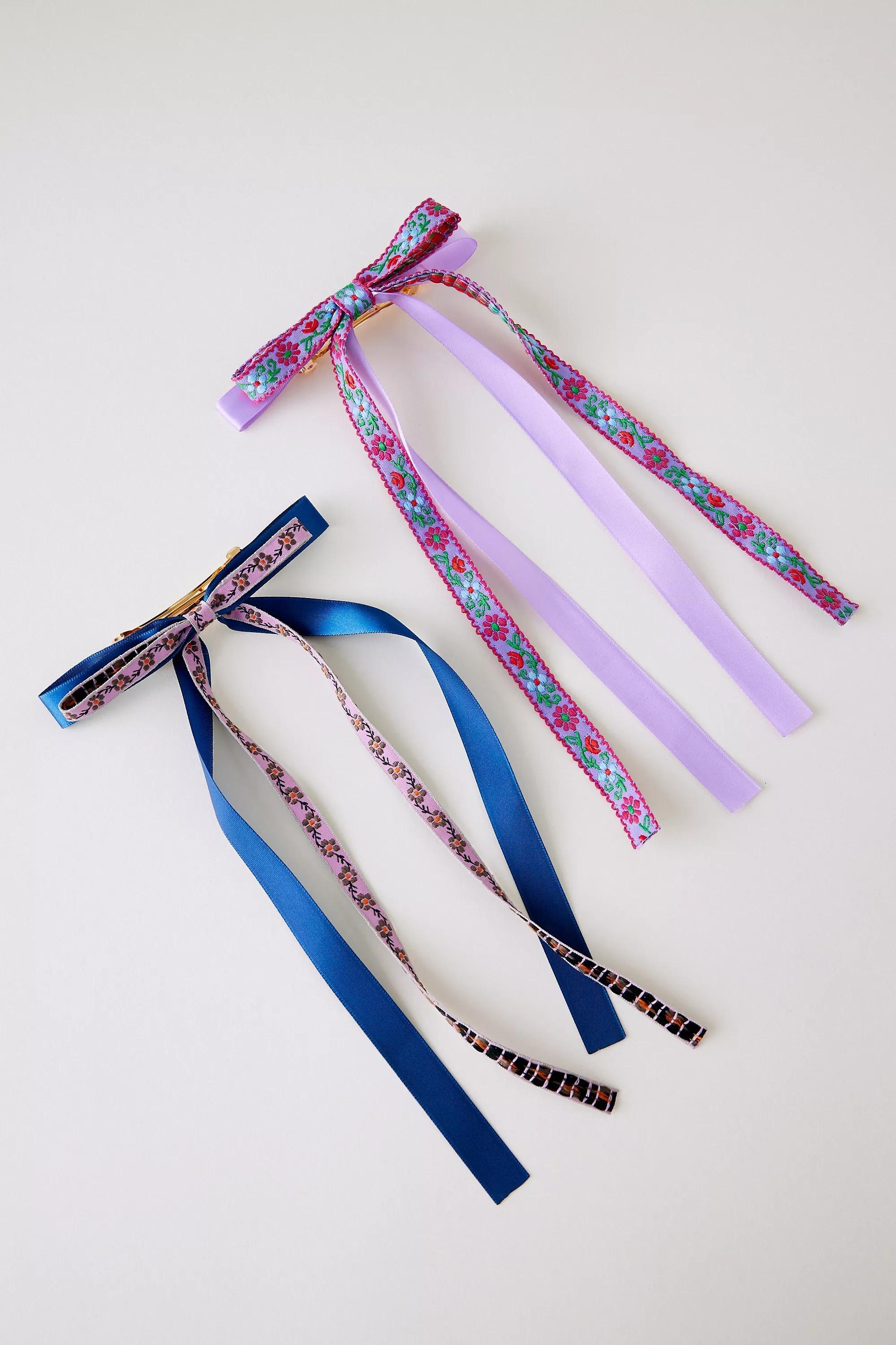Purple Embroidered Hair Bow, Set Of 2, , medium