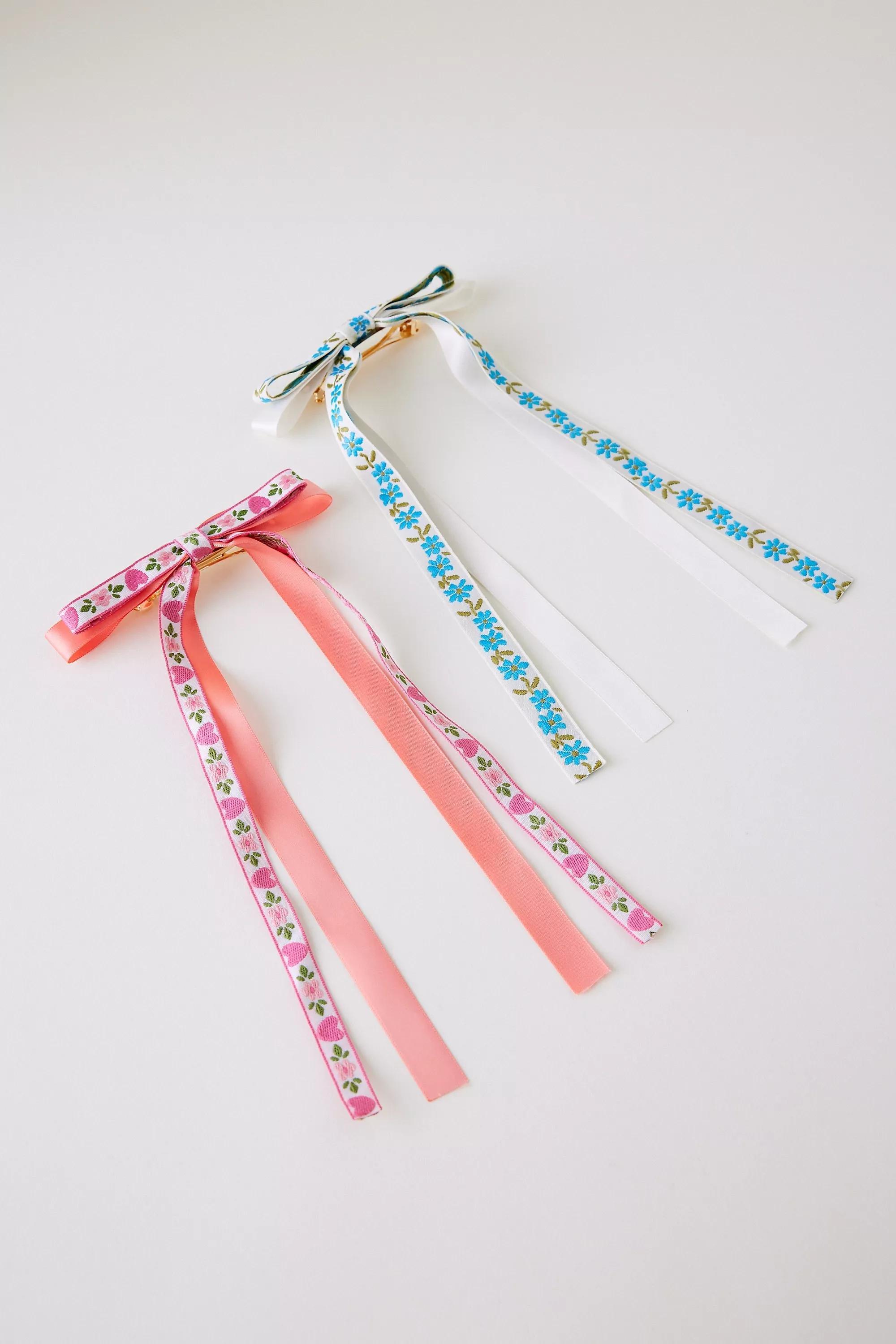 Pink Embroidered Hair Bow, Set Of 2, A501_0066, large image number 1