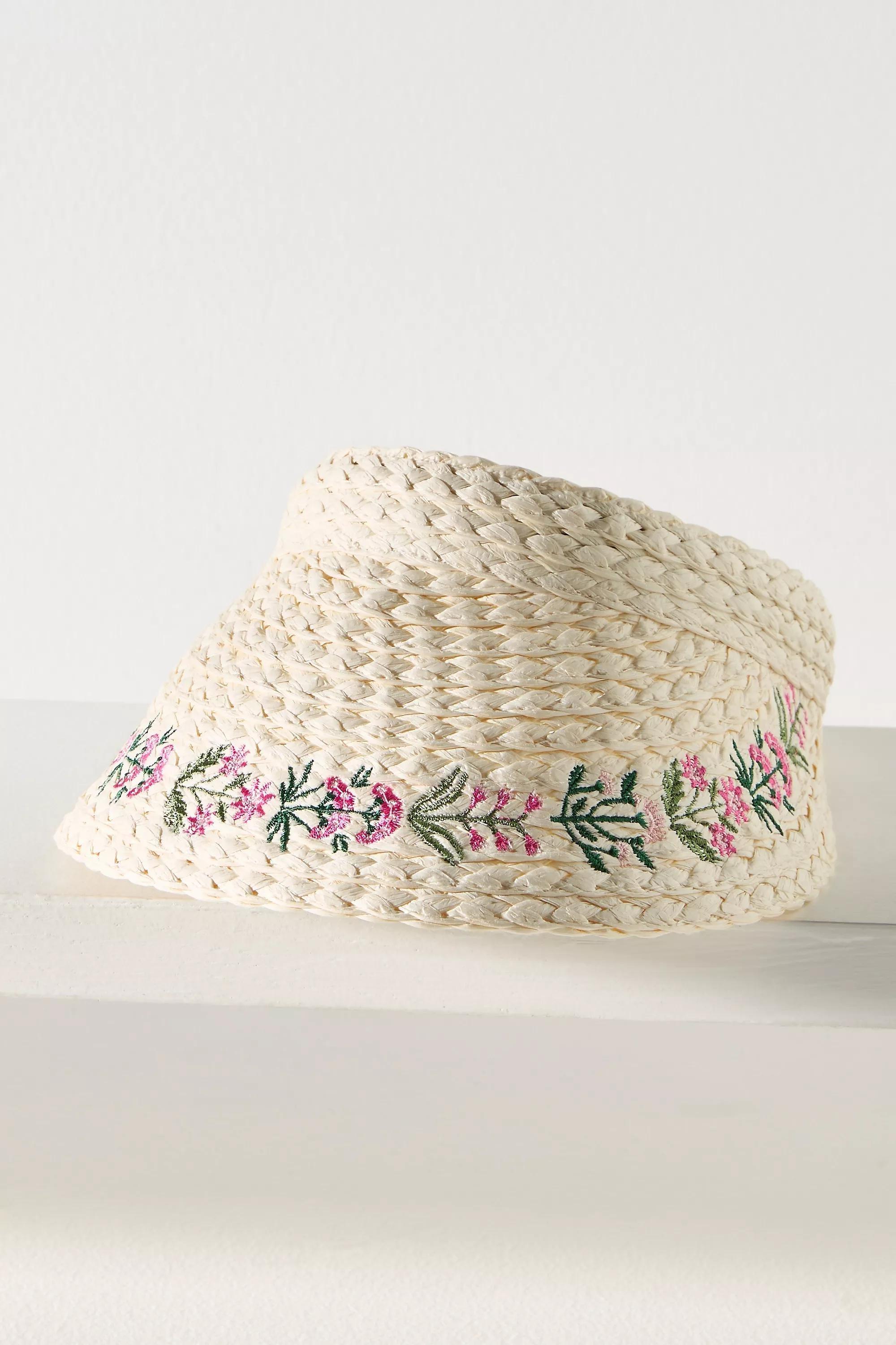 Mini Icon Embroidered Straw Visor, Beige , , medium