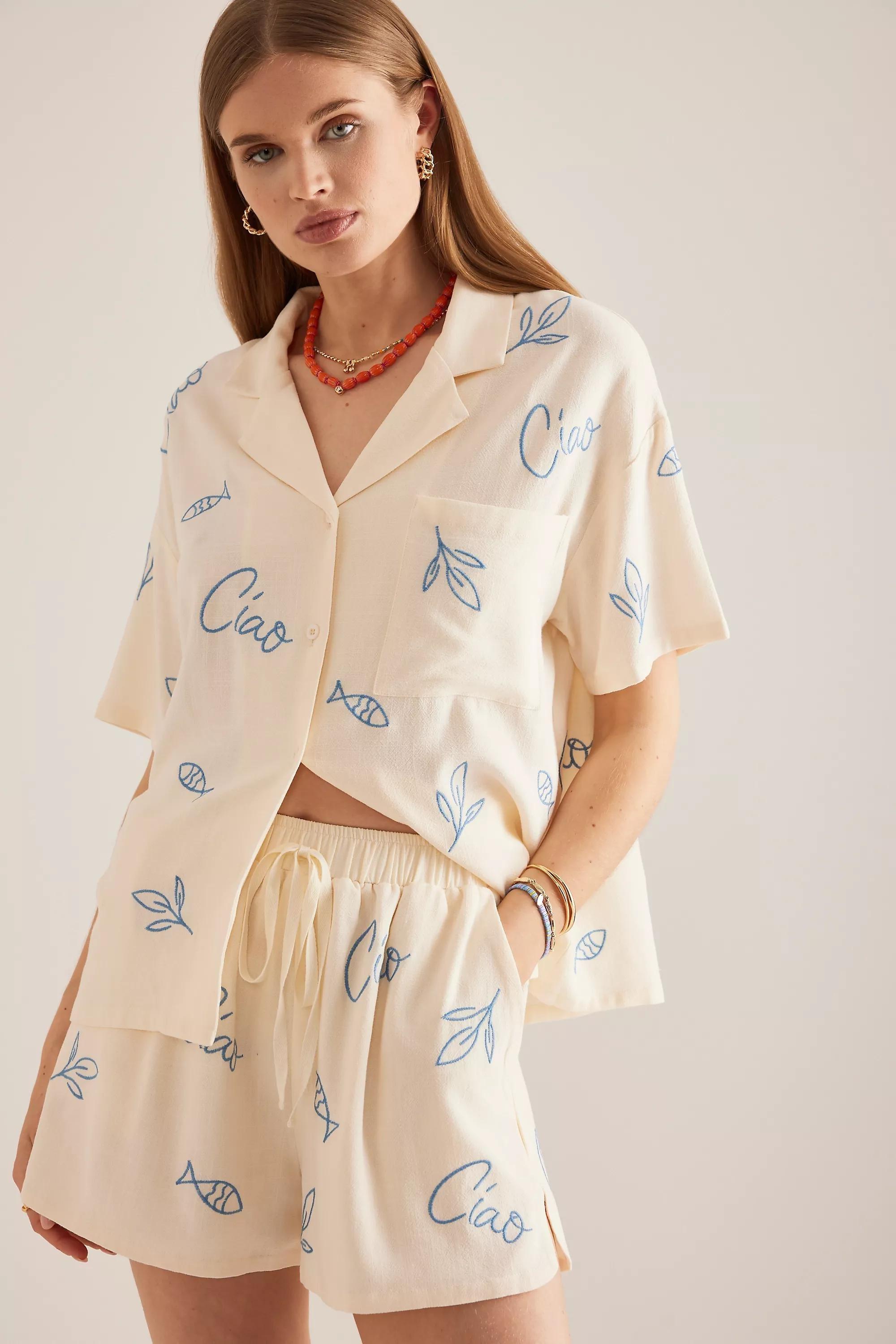 By Flat White Embroidered Linen Blend Shorts, White, , large image number 0