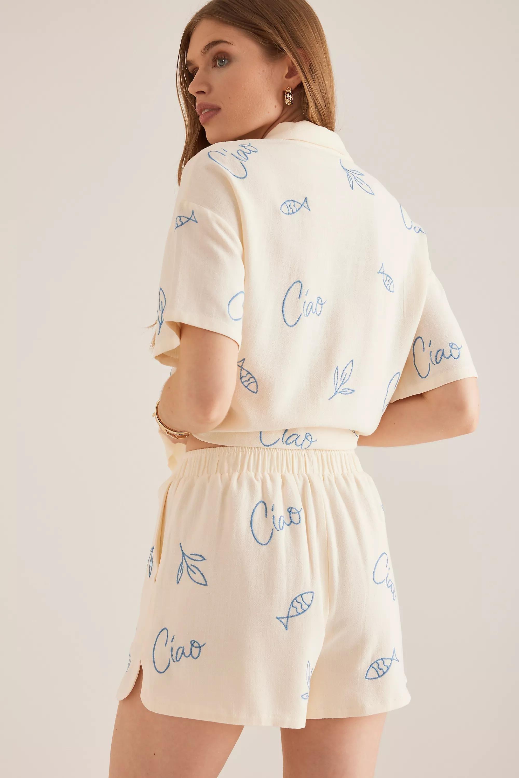 By Flat White Embroidered Linen Blend Shorts, White, , large image number 1